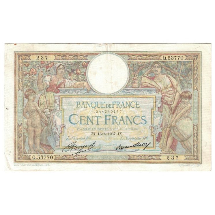 France, 100 Francs, Luc Olivier Merson, 1937, Q.53770 237, EF(40-45)