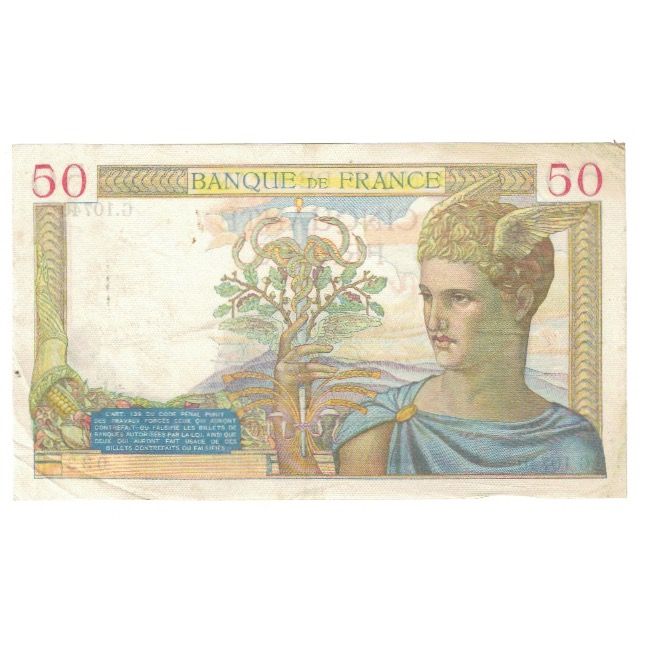 Francia, 50 Francs, Cérès, 1939, G.10740 033, BB, Fayette:18.29, KM:85b