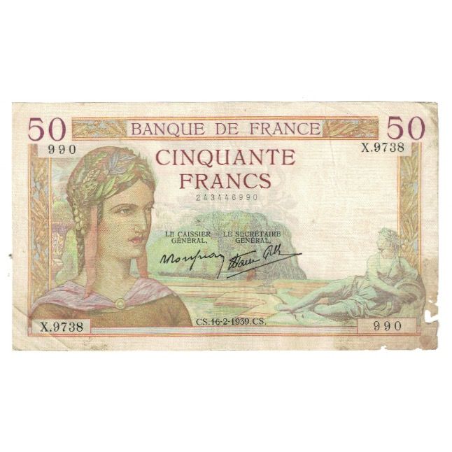 Francia, 50 Francs, Cérès, 1939, X.9738 990, MB, Fayette:18.22, KM:85b