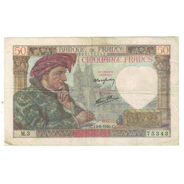 Francia, 50 Francs, Cérès, 1940, M.3 75343, BB, Fayette:19.1, KM:93
