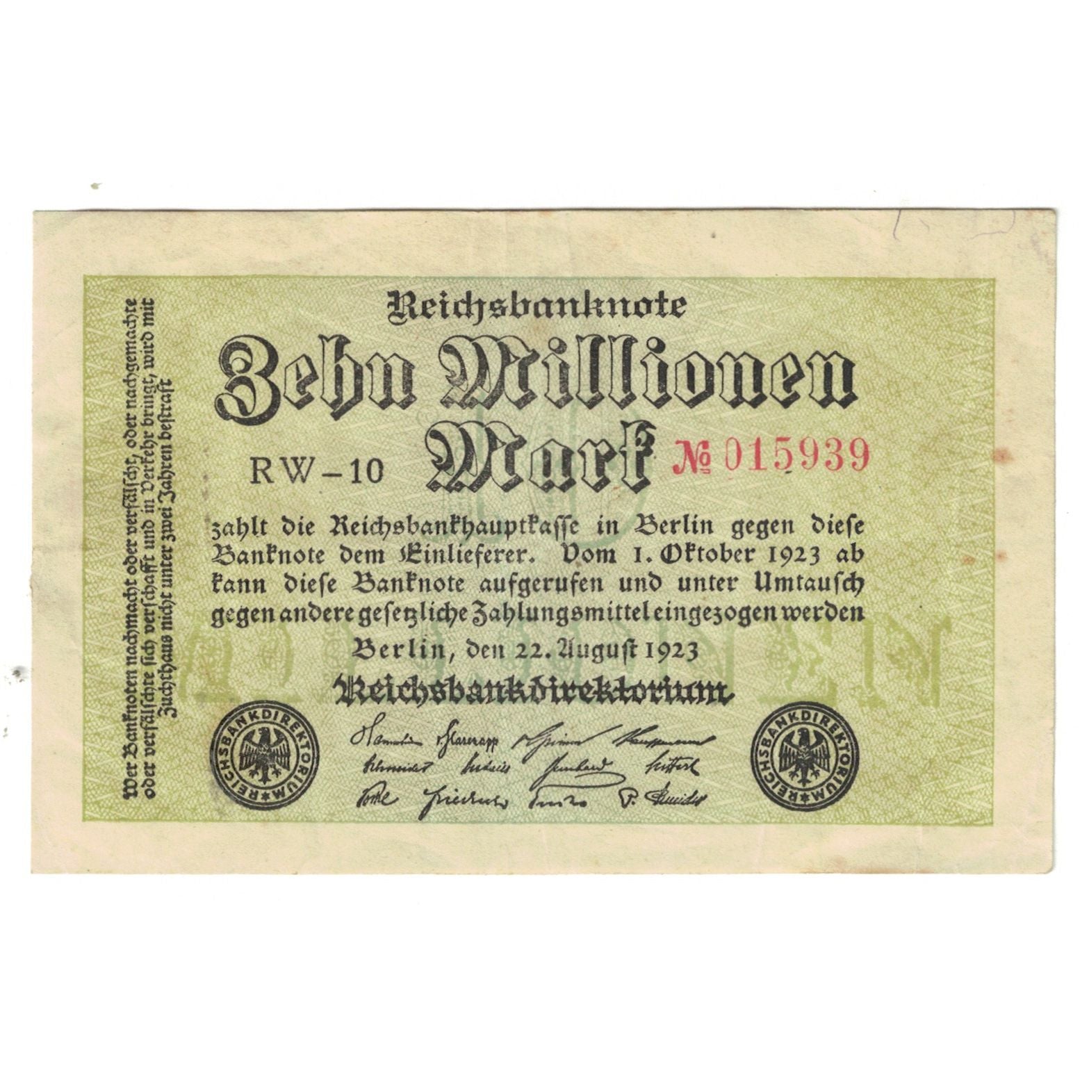 Geldschein, Deutschland, 10 Millionen Mark, 1923, 1923-08-22, KM:106b, SS