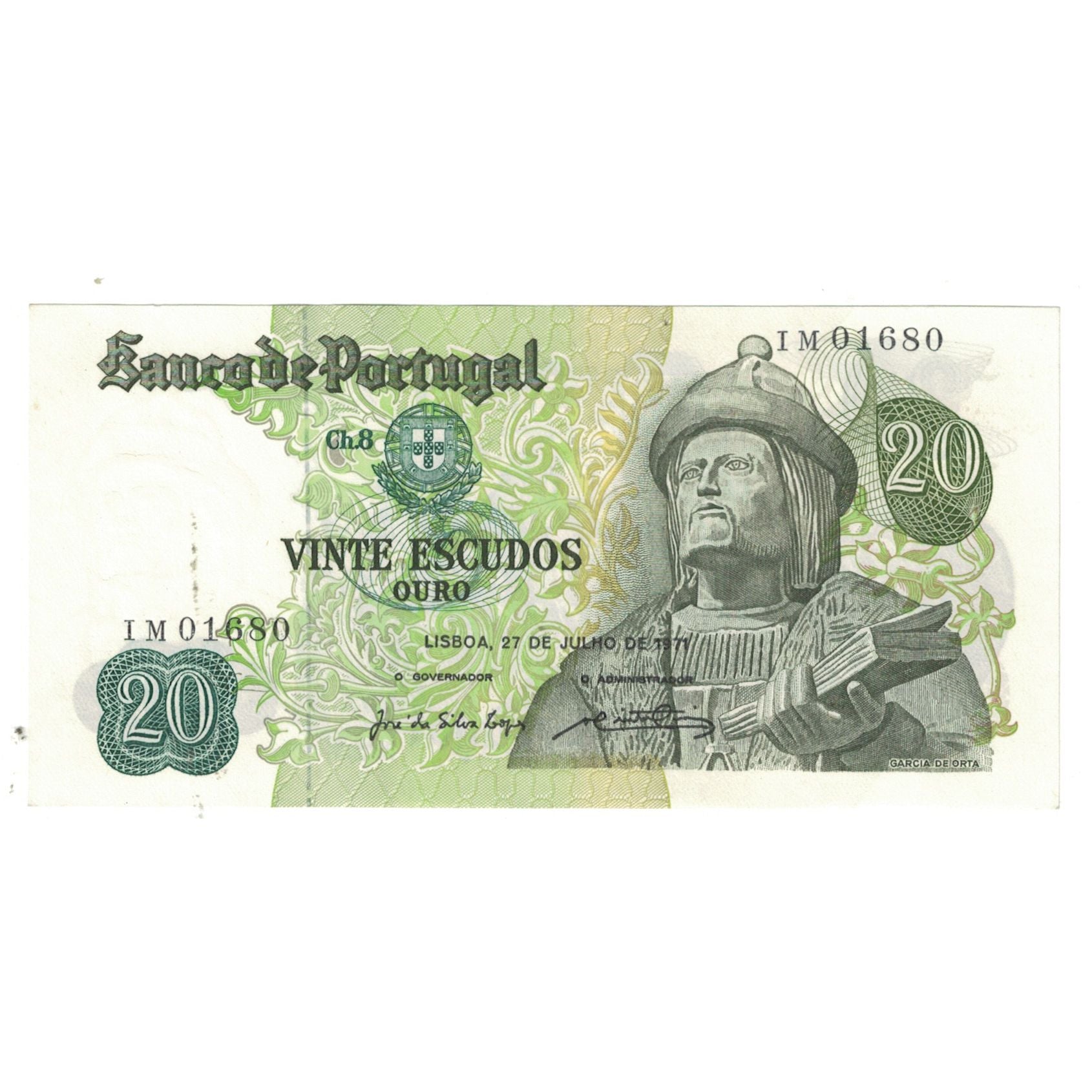 Banknot, Portugal, 20 Escudos, 1971, 1971-07-27, KM:173, EF(40-45)