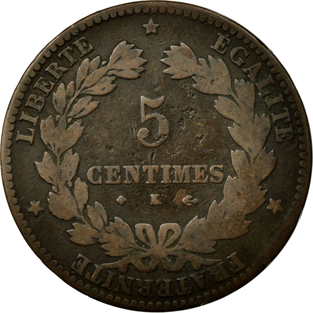 Coin, France, Cérès, 5 Centimes, 1876, Bordeaux, VF(20-25), Bronze