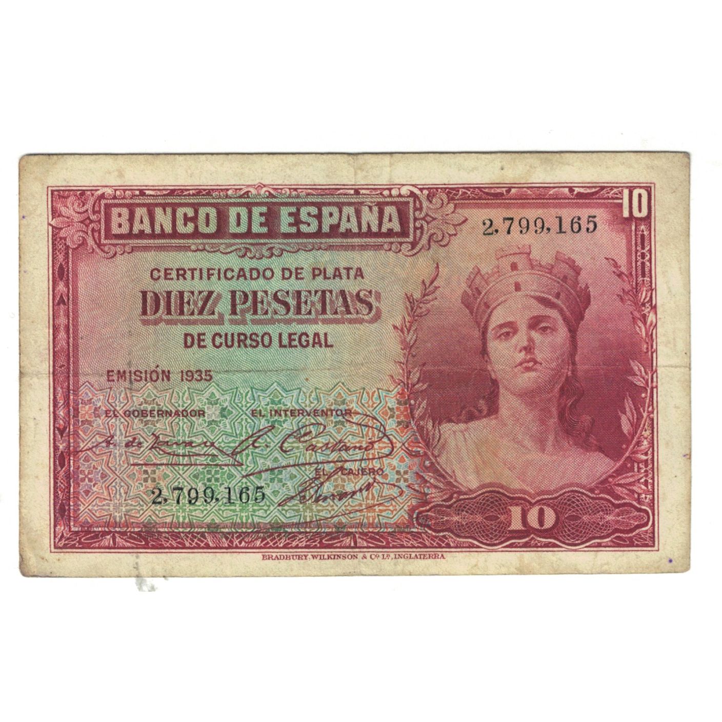 Biljet, Spanje, 10 Pesetas, 1935, KM:86a, TB