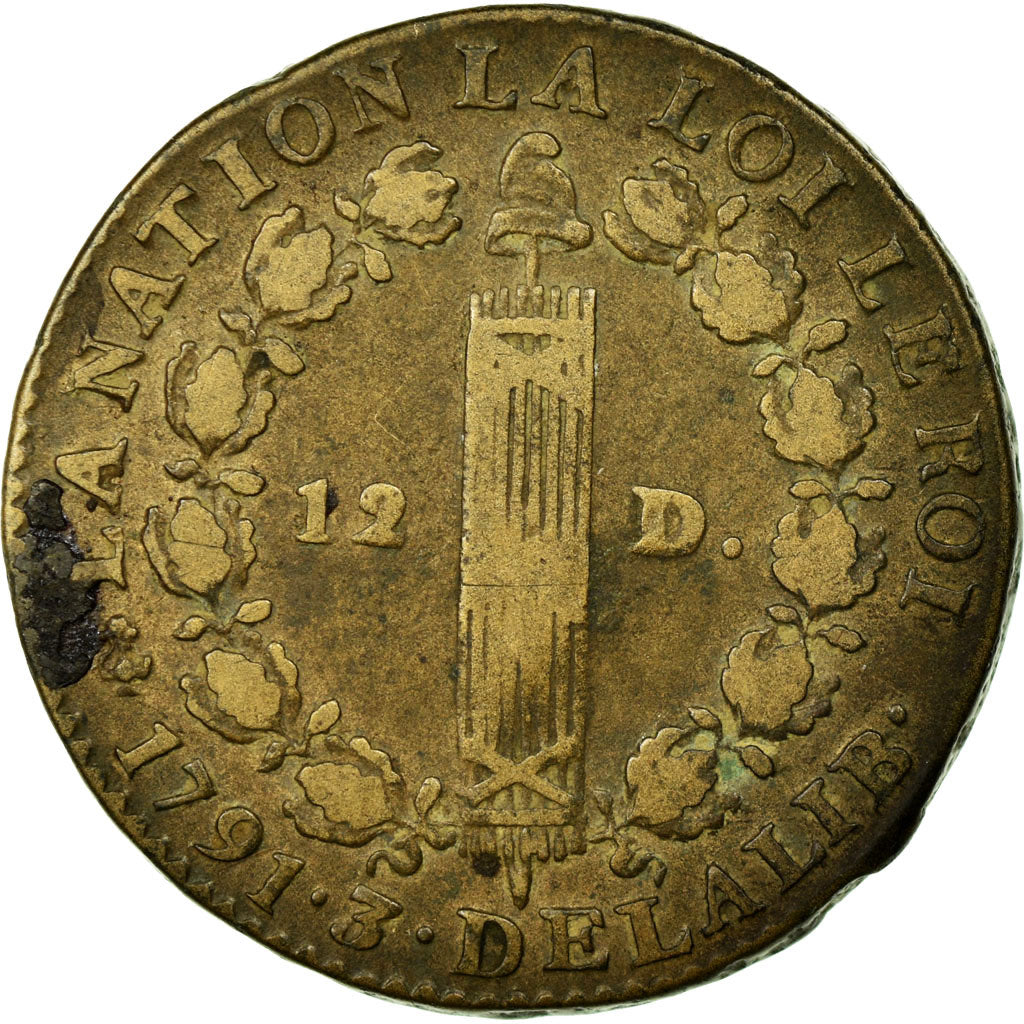 Moneda, Francia, 12 deniers françois, 12 Deniers, 1791, Paris, BC+, Bronce