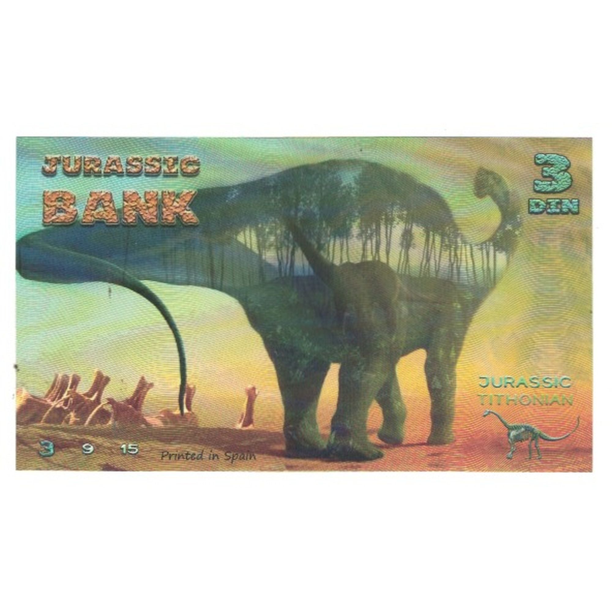 Banknote, Spain, Tourist Banknote, 2015, JURASSIC BANK 3 DIN, UNC(65-70)