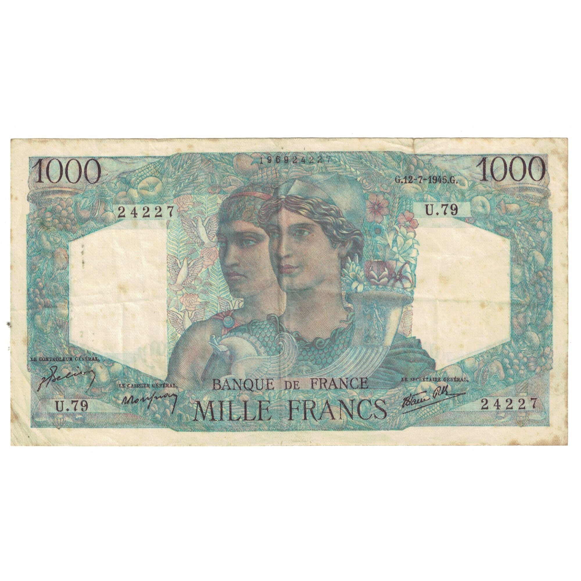 Francia, 1000 Francs, Minerve et Hercule, 1946, U.79 24227, MB, Fayette:41.11