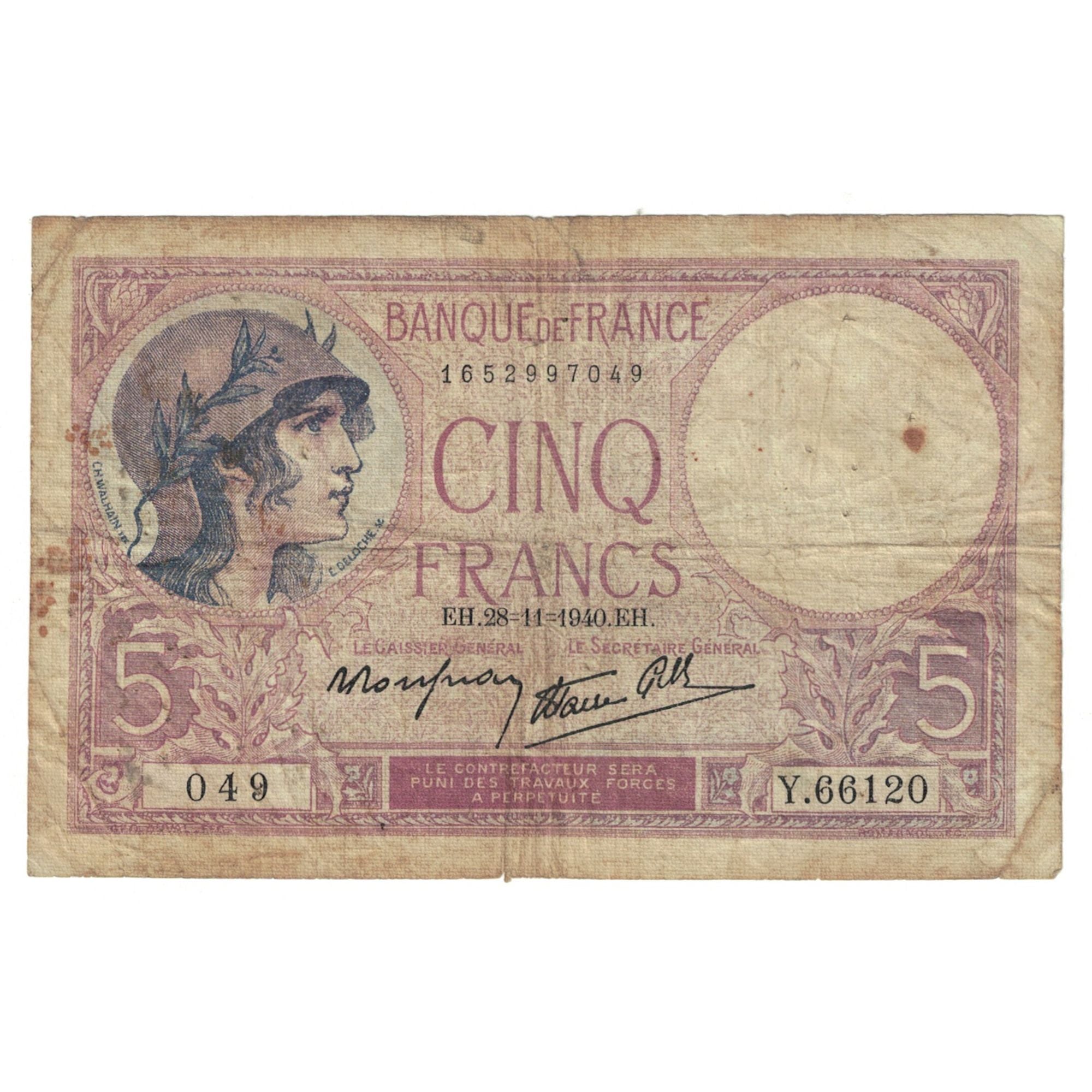 França, 5 Francs, 1940, Y.66120, VG(8-10), Fayette:F.04.15, KM:83
