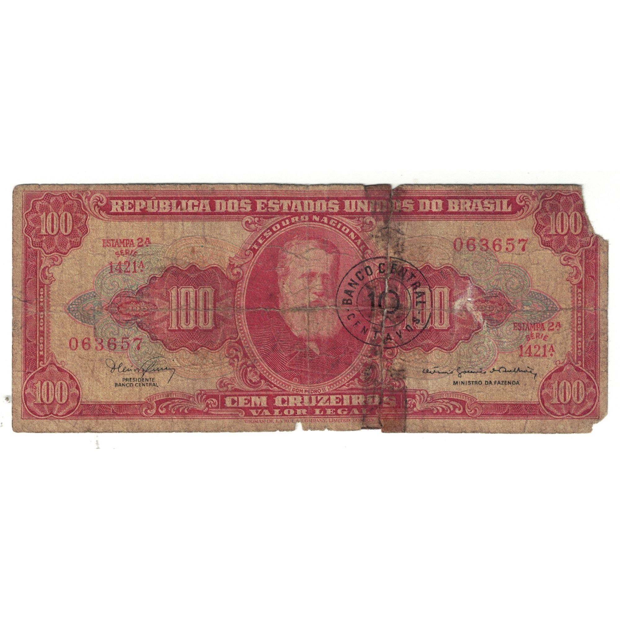 Nota, Brasil, 10 Centavos on 100 Cruzeiros, KM:185b, VF(20-25)