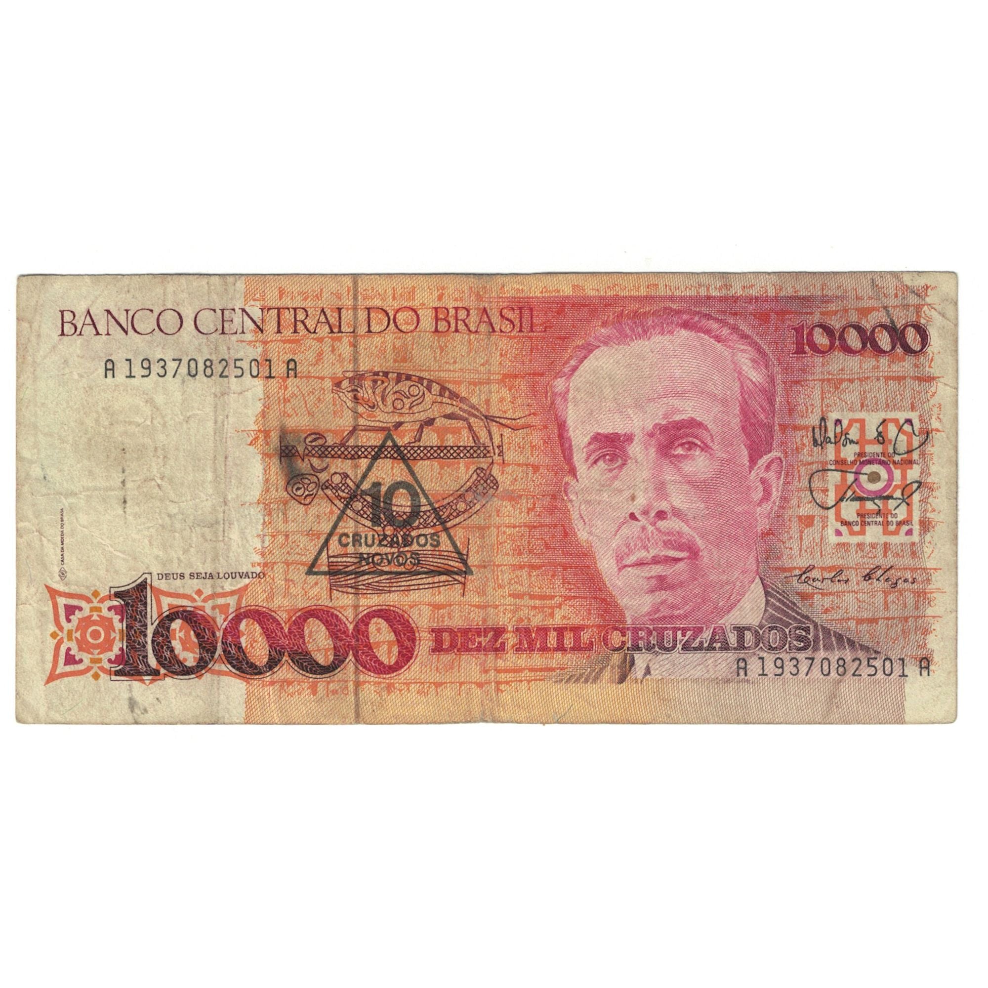 Banknot, Brazylia, 10 Cruzados Novos on 10,000 Cruzados, Undated (1989)