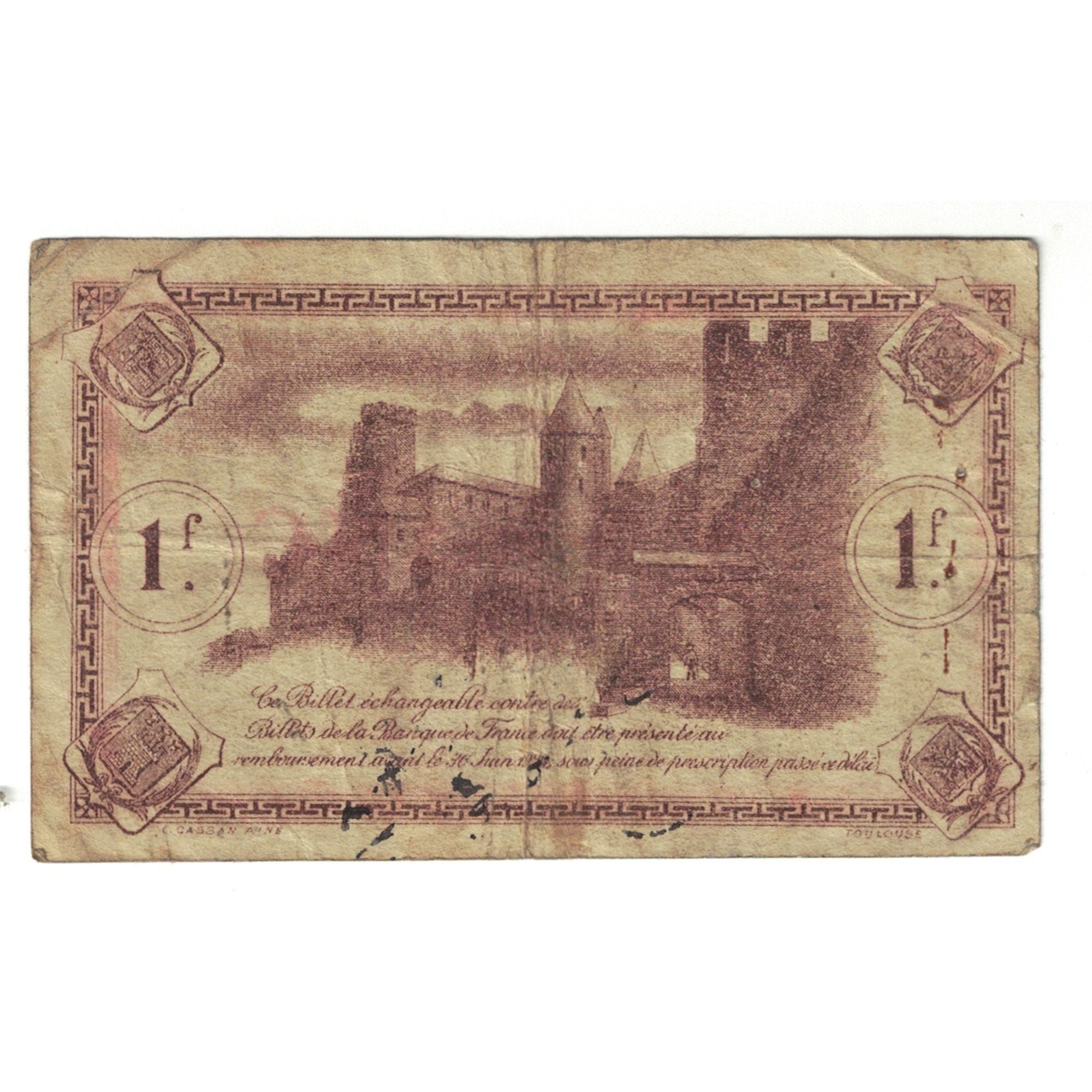 France, Carcassonne, 1 Franc, 1920, Chambre de Commerce, VF(20-25)
