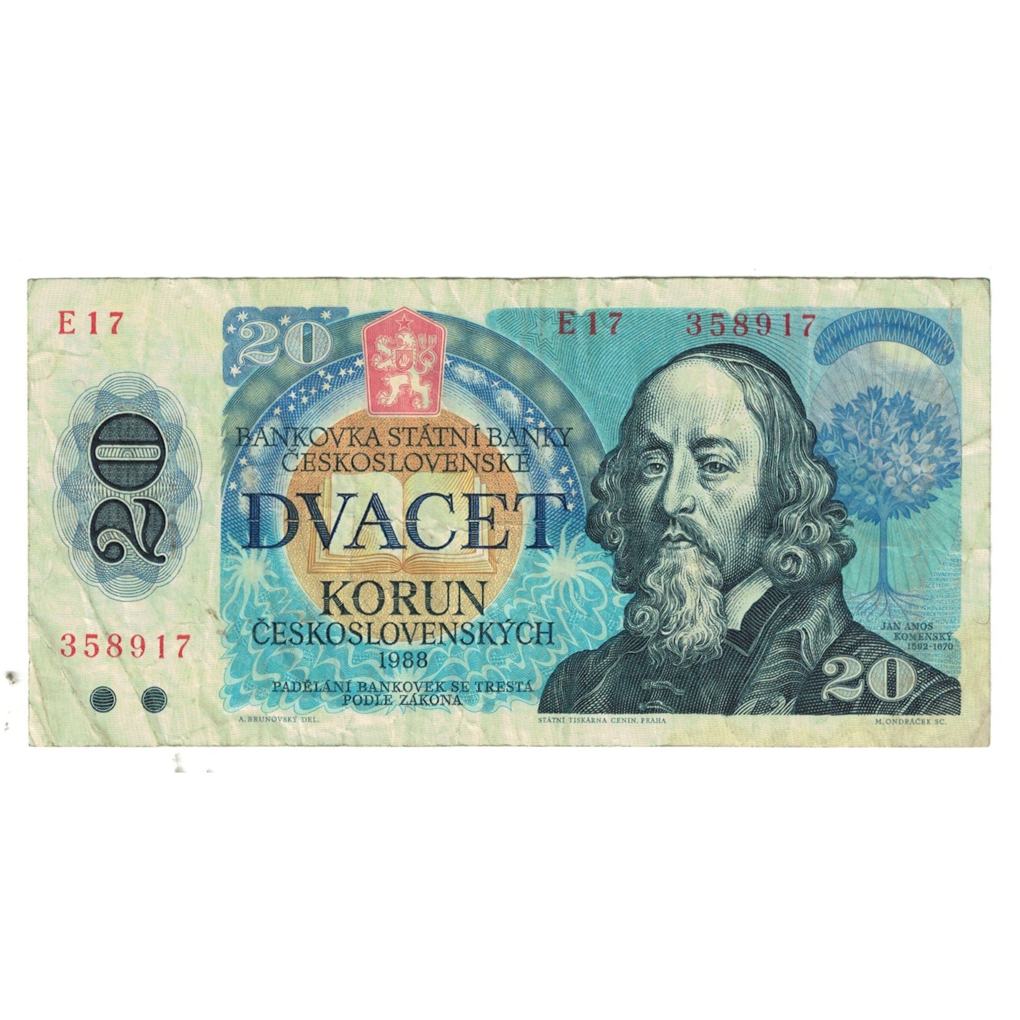 Billete, 20 Korun, 1988, Checoslovaquia, KM:95, BC