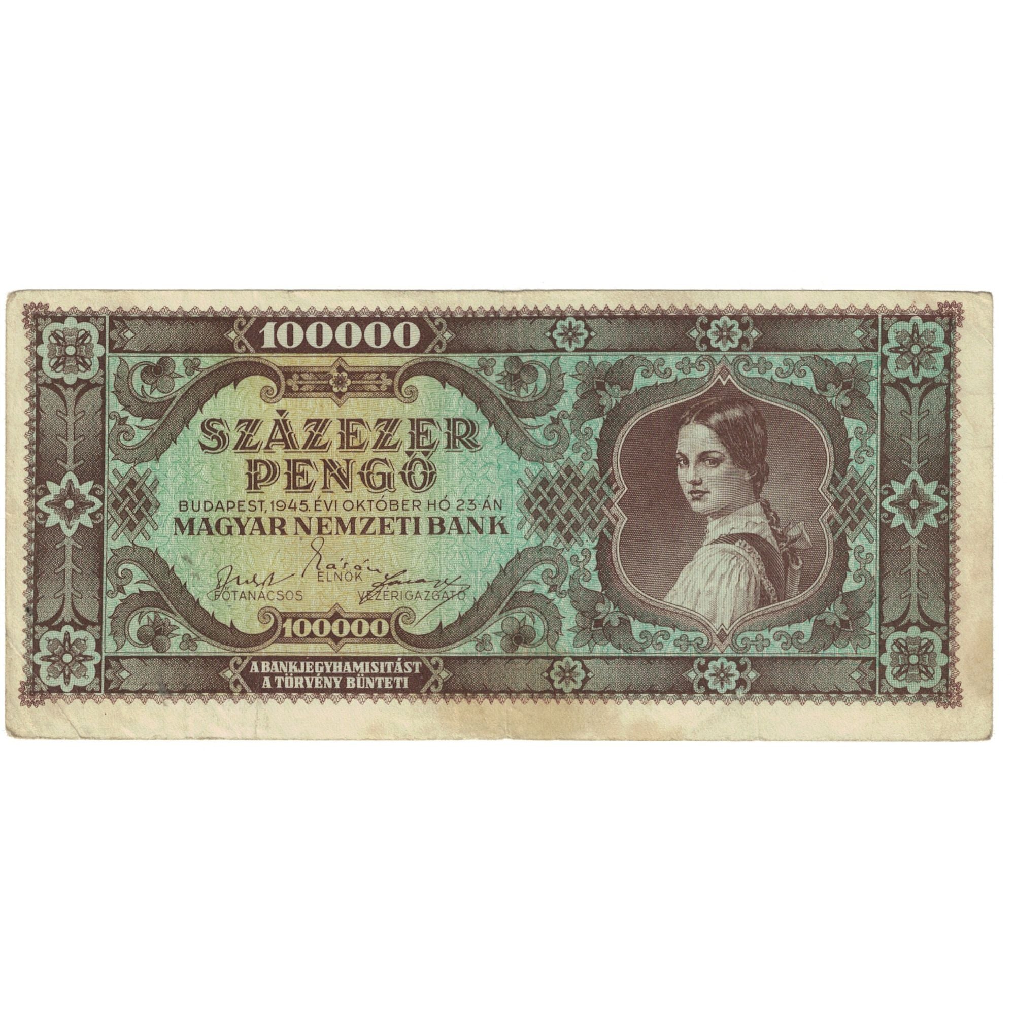 Billet, Hongrie, 100,000 Pengö, 1945, 1945-10-23, KM:121a, TTB