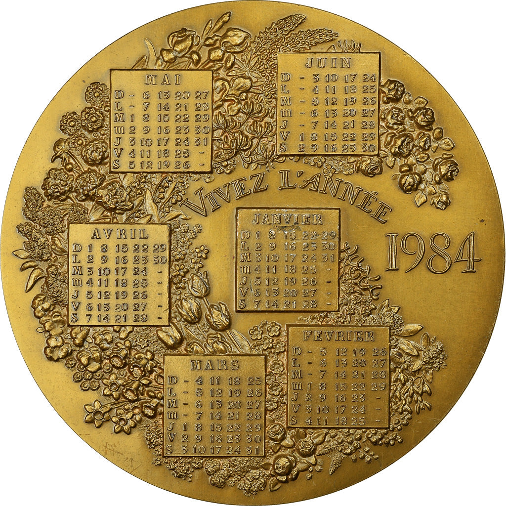 França, Medal, Calendrier, Nouvelle Année, Fleurs, 1984, AU(55-58), Bronze