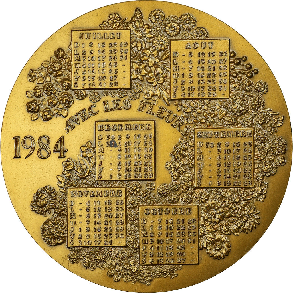 França, Medal, Calendrier, Nouvelle Année, Fleurs, 1984, AU(55-58), Bronze