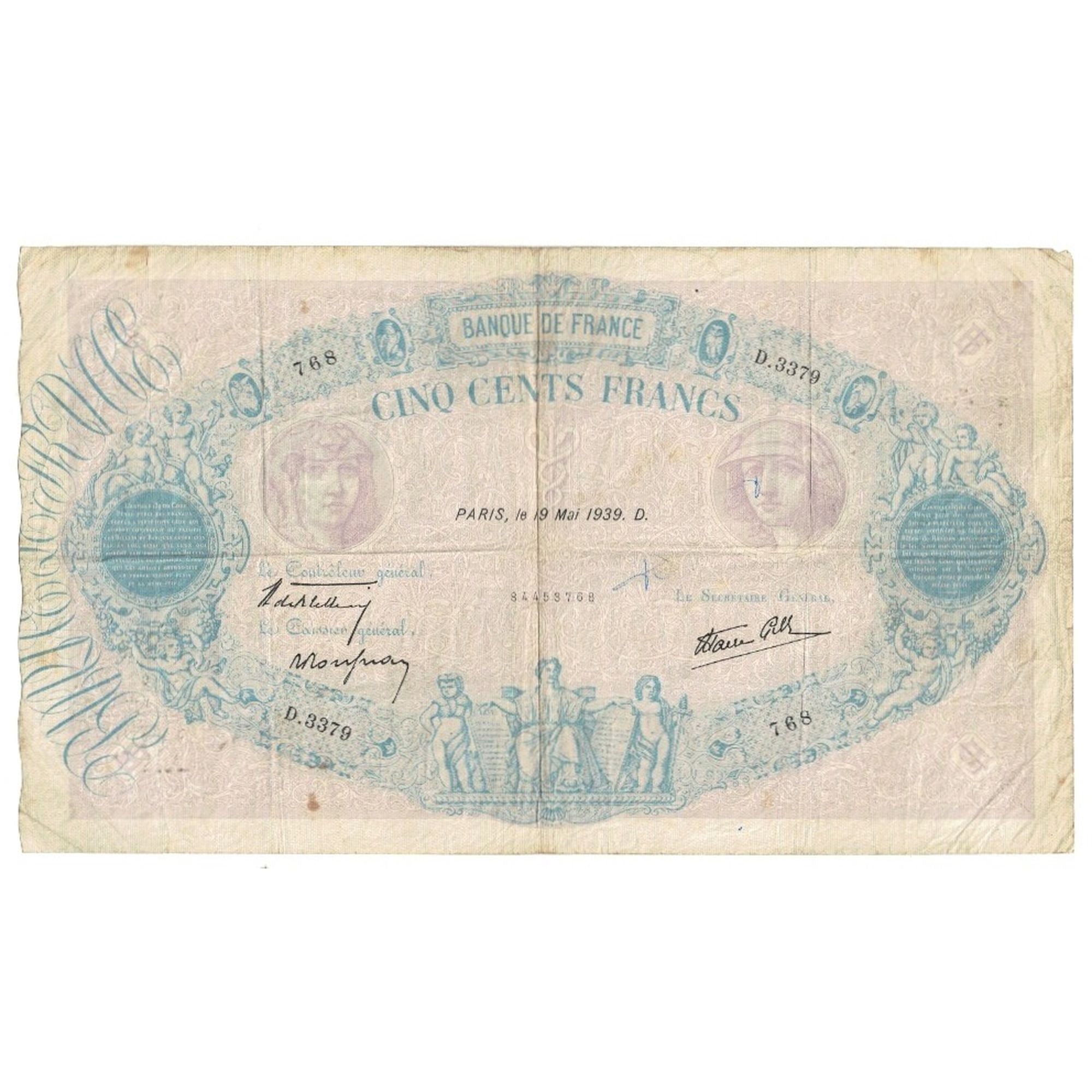 Francia, 500 Francs, Bleu et Rose, 1939, D.3379 768, MB, Fayette:31.32, KM:88c