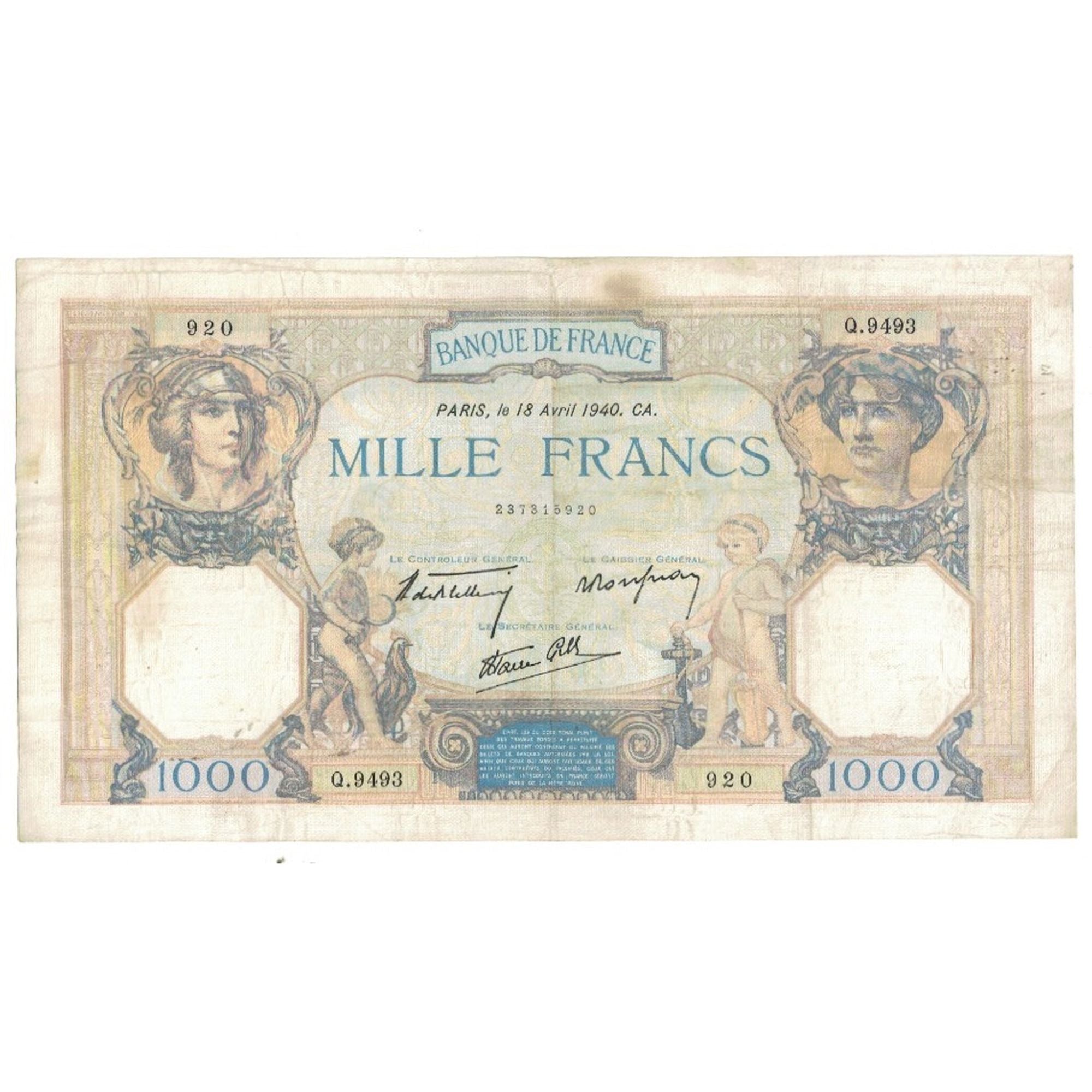 Frankreich, 1000 Francs, Cérès et Mercure, Q.9493 920, SS, Fayette:38.46