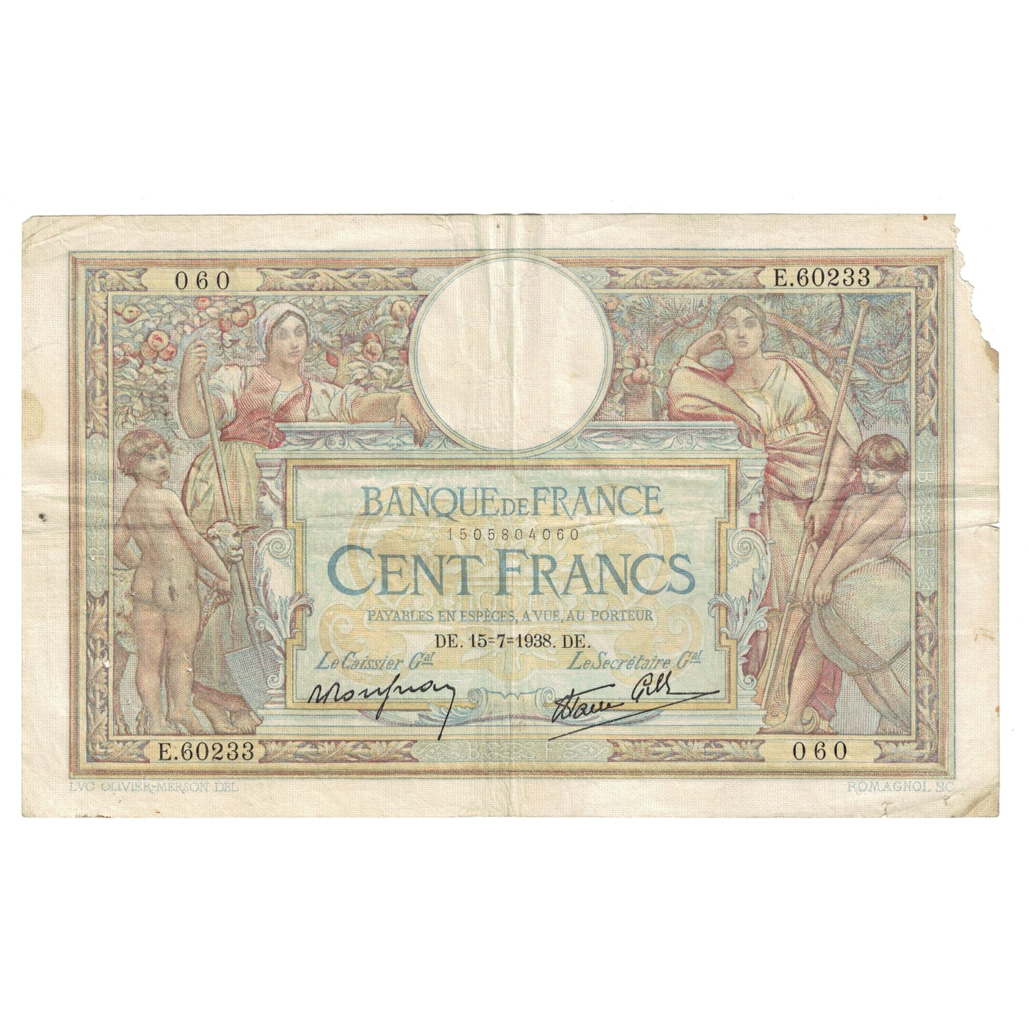 France, 100 Francs, Luc Olivier Merson, 1938, E.60233, VF(20-25), Fayette:25.26