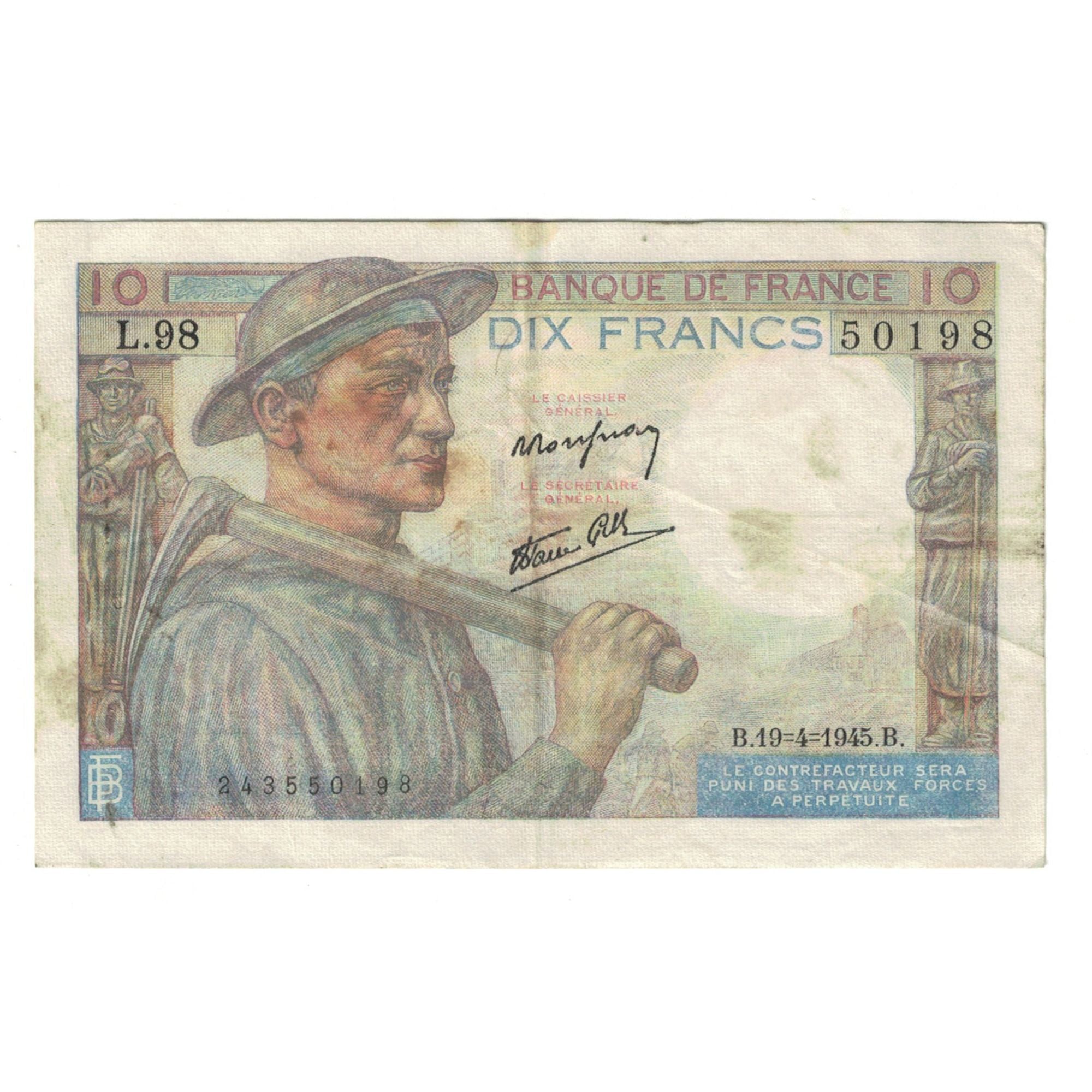 Francia, 10 Francs, Mineur, 1945, L.98 50198, BC, Fayette:8.13, KM:99b