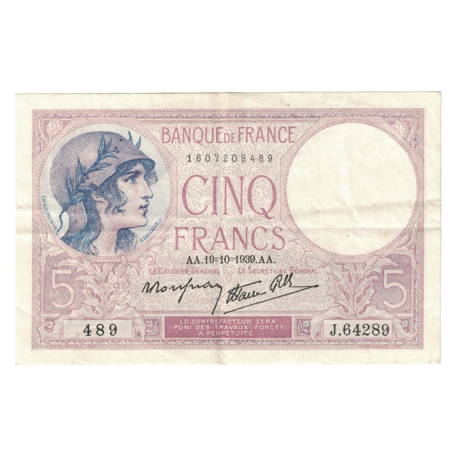 France, 5 Francs, Violet, 1939, J.64289, EF(40-45), Fayette:4.11, KM:83