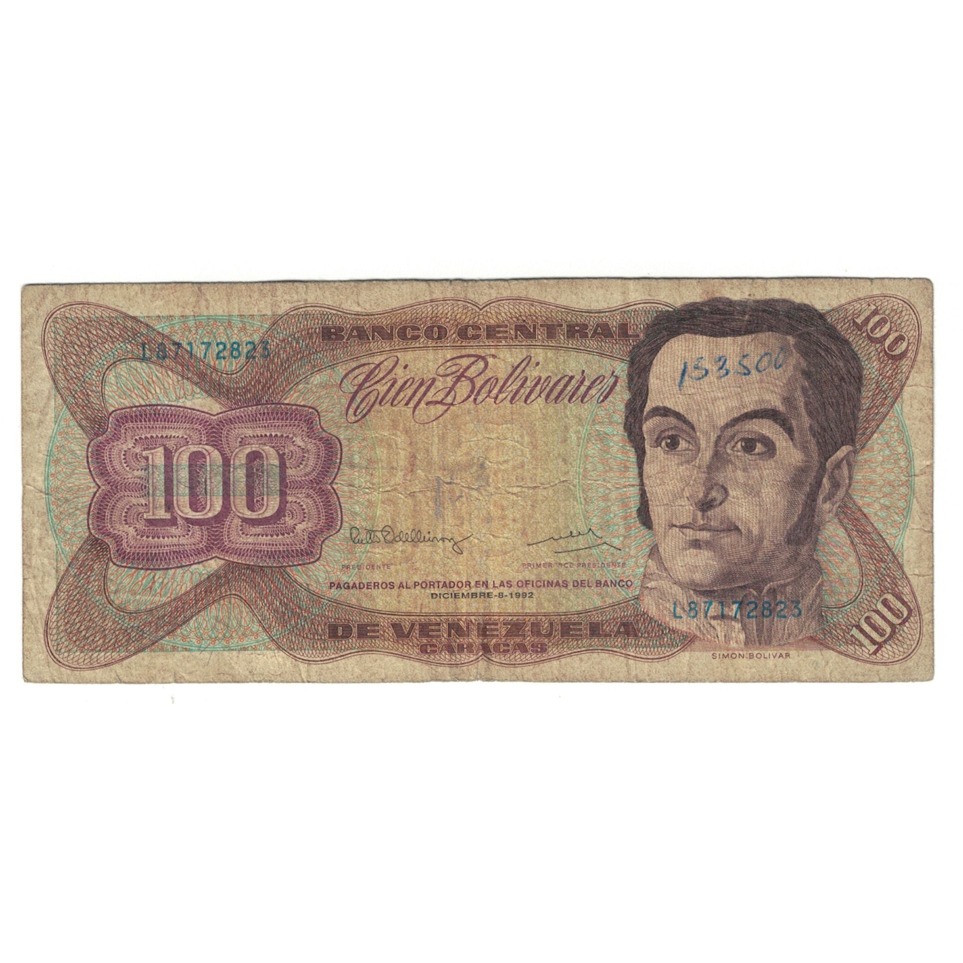 Banknote, Venezuela, 100 Bolivares, 1992, 1992-12-08, KM:66e, VF(20-25)