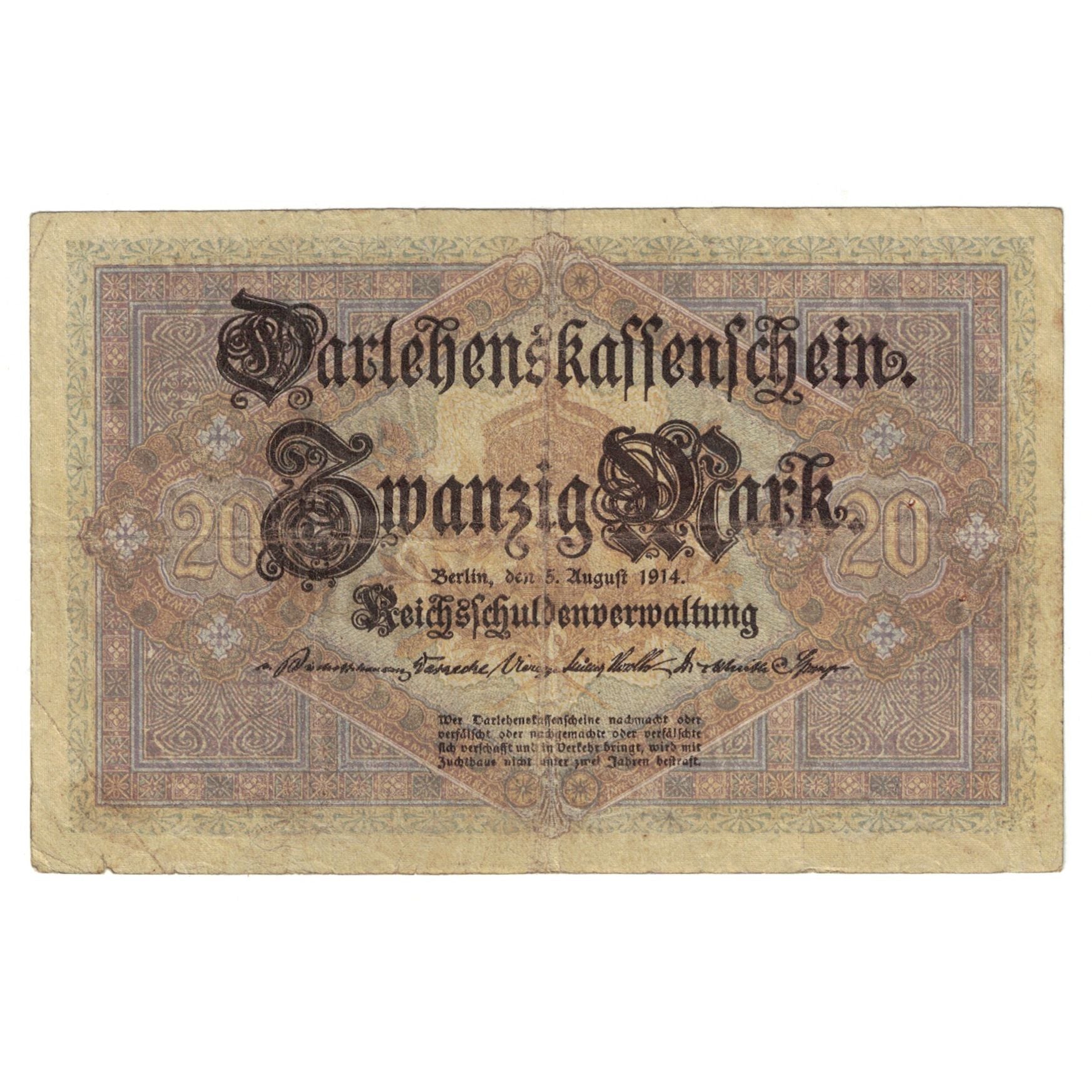 Billet, Allemagne, 20 Mark, 1914, 1914-08-05, KM:48a, TB