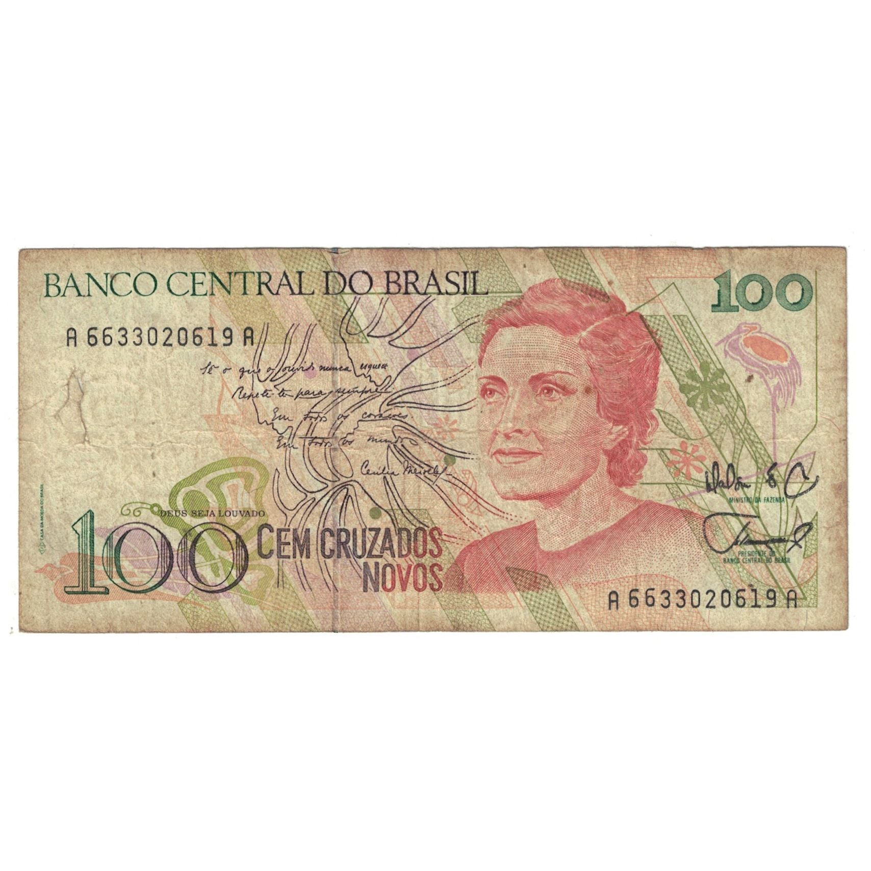 Nota, Brasil, 100 Cruzeiros, KM:228, VF(20-25)