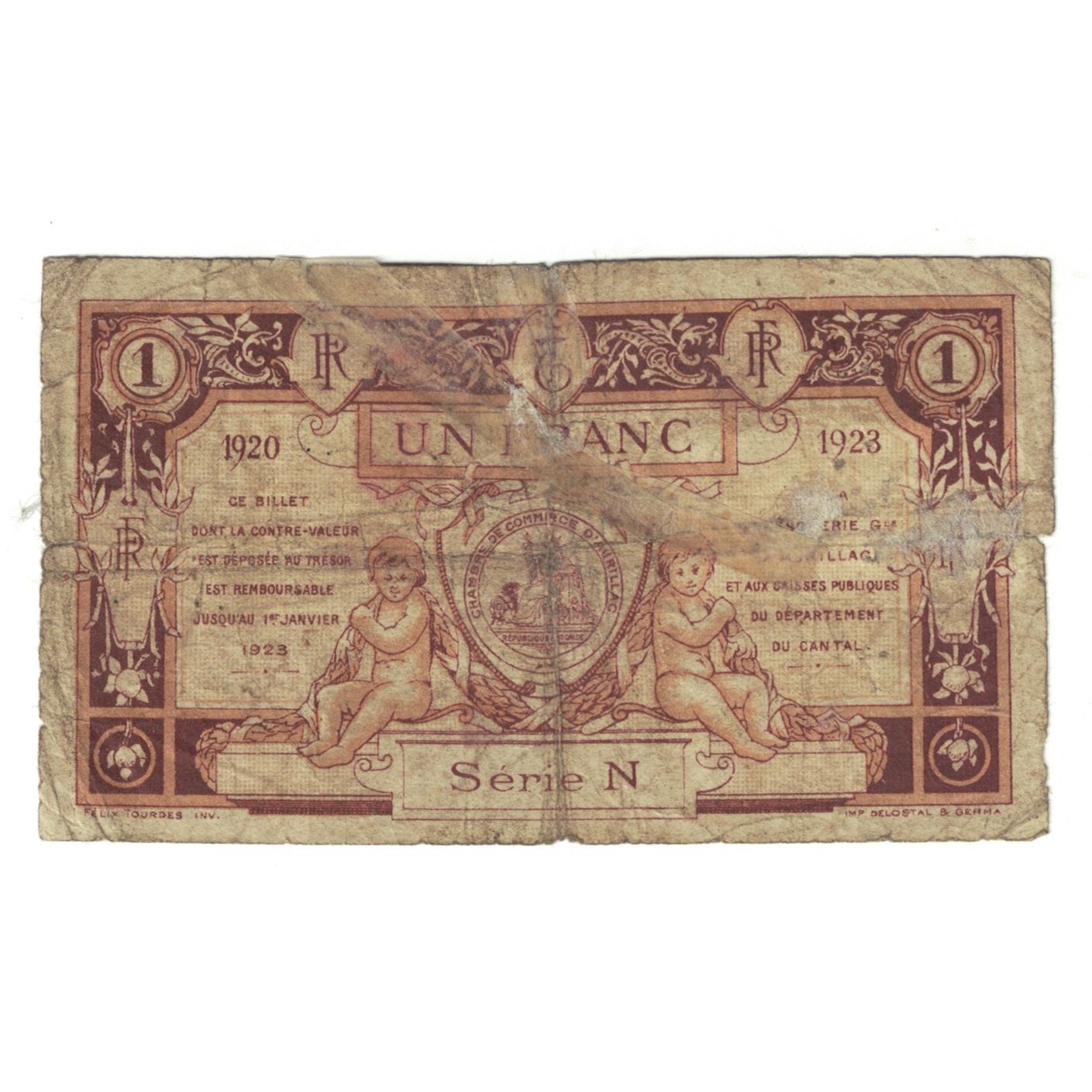 Frankreich, Aurillac, 1 Franc, 1923, Chambre de Commerce, SGE+, Pirot:16-10