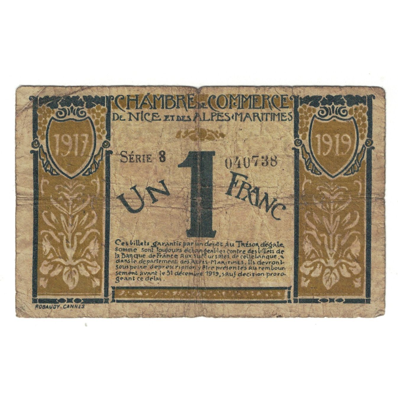 Frankrijk, Nice, 1 Franc, 1919, TB, Pirot:91-5
