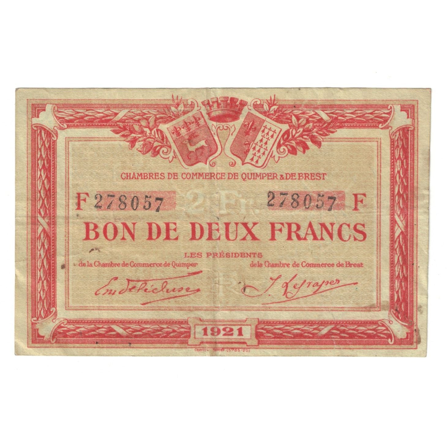 Frankreich, Quimper et Brest, 2 Francs, 1915, SS, Pirot:104-3