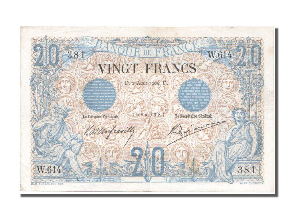 France, 20 Francs, Noir, 1904-08-02, W.614, VF 30, PMG