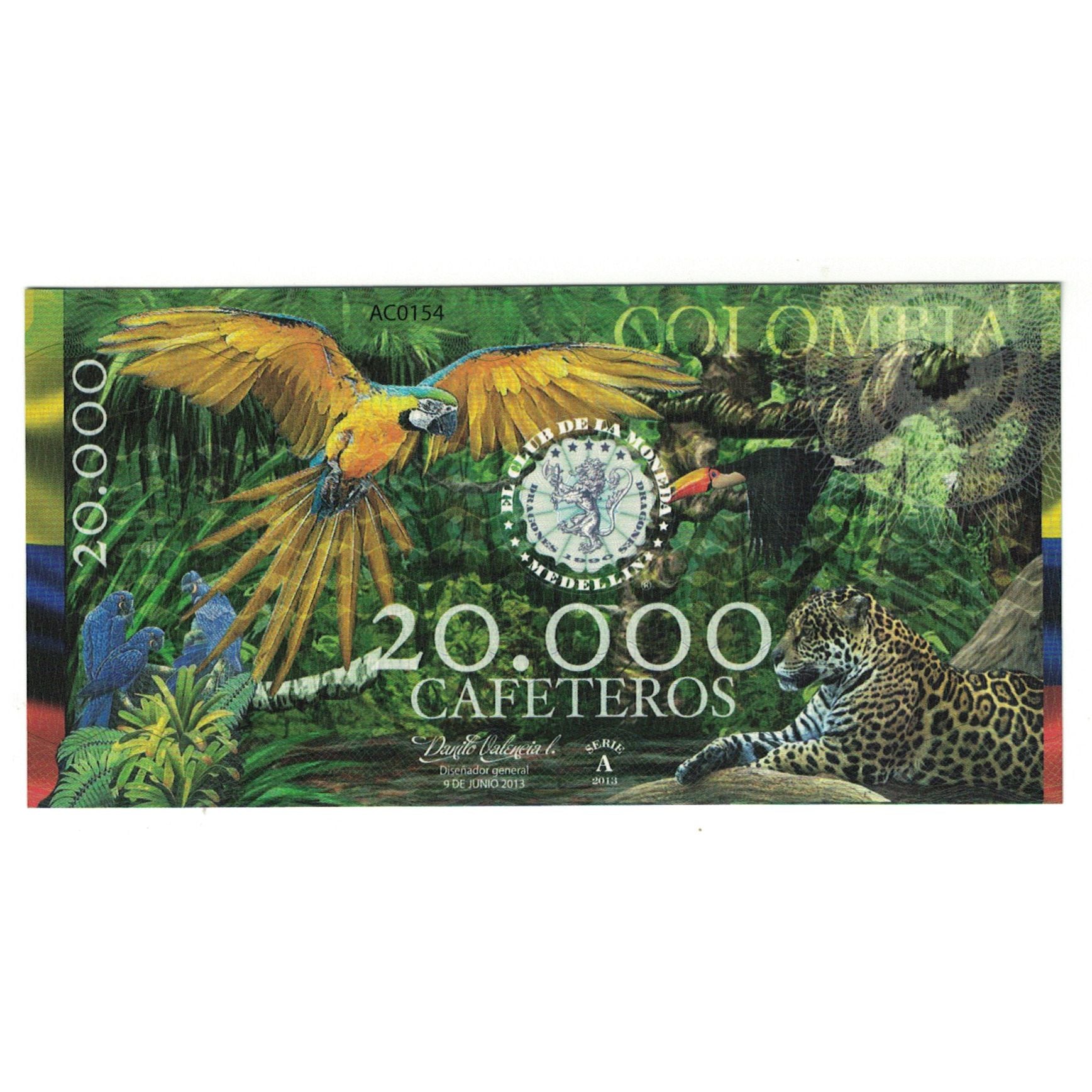 Biljet, Colombia, Tourist Banknote, 2013, 2013-06-09, 20000 CAFETEROS EL CLUB DE