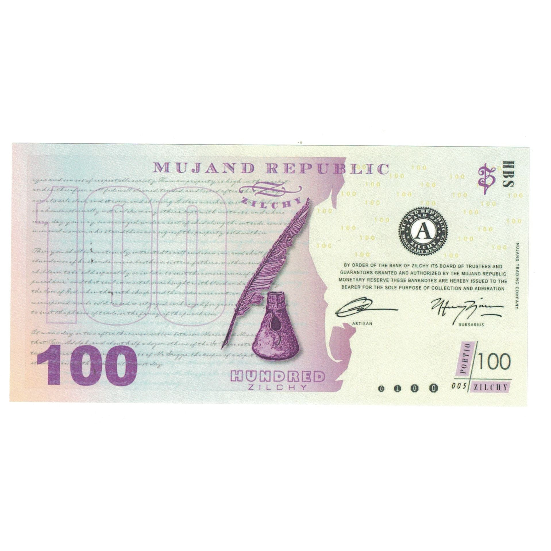 Nota, Provas privadas / não oficial, 2013, FANTASY BANKNOTE 100 ZILCHY MUJAND