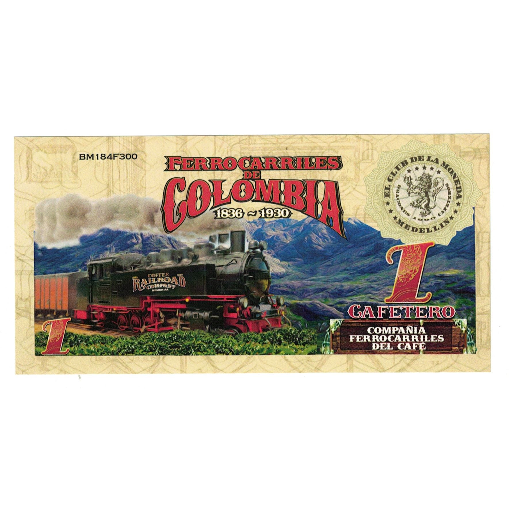 Biljet, Colombia, Tourist Banknote, 1 CAFETEROS THE COFFE RAILROAD COMPANY