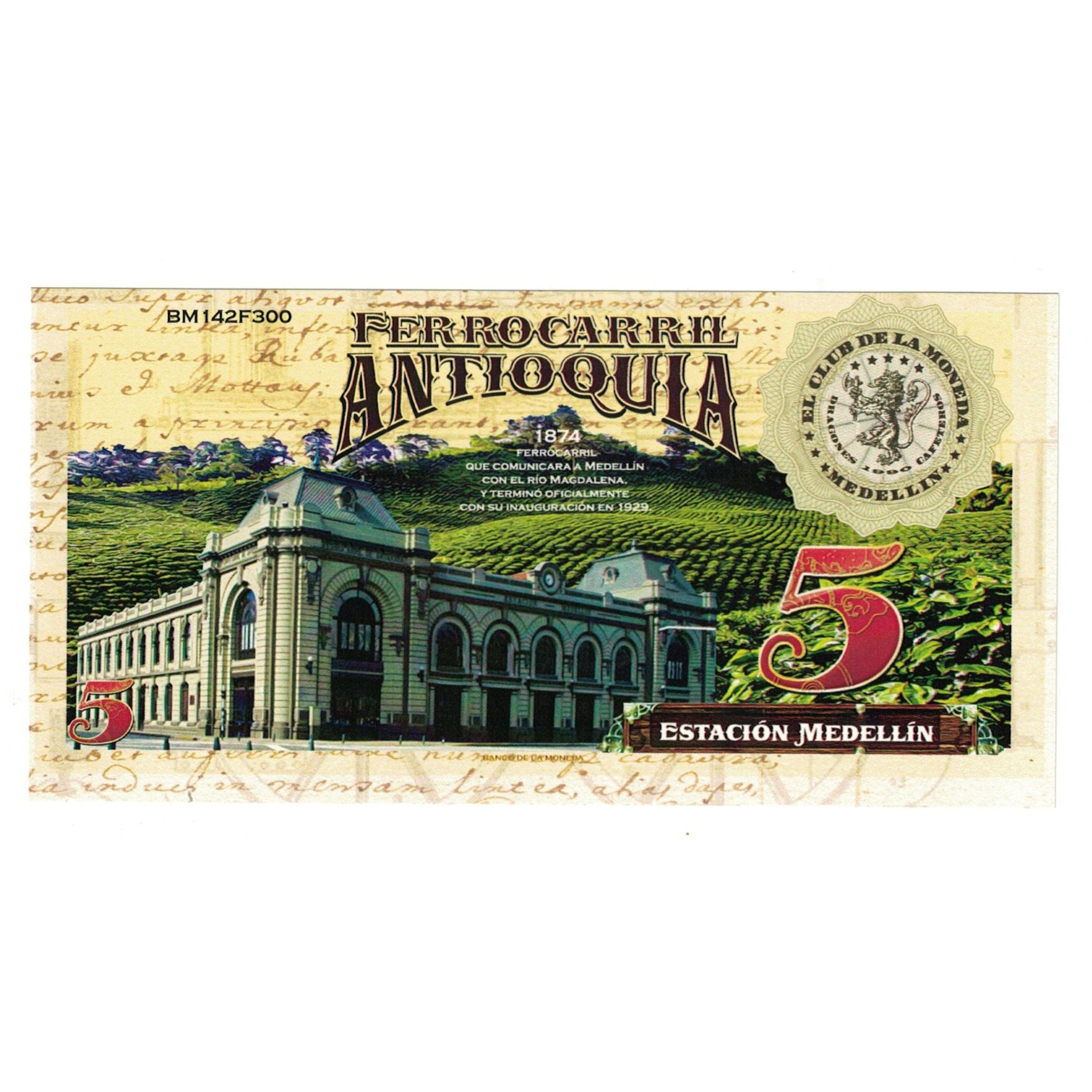 Banknote, Colombia, Tourist Banknote, 5 CAFETEROS THE COFFE RAILROAD COMPANY