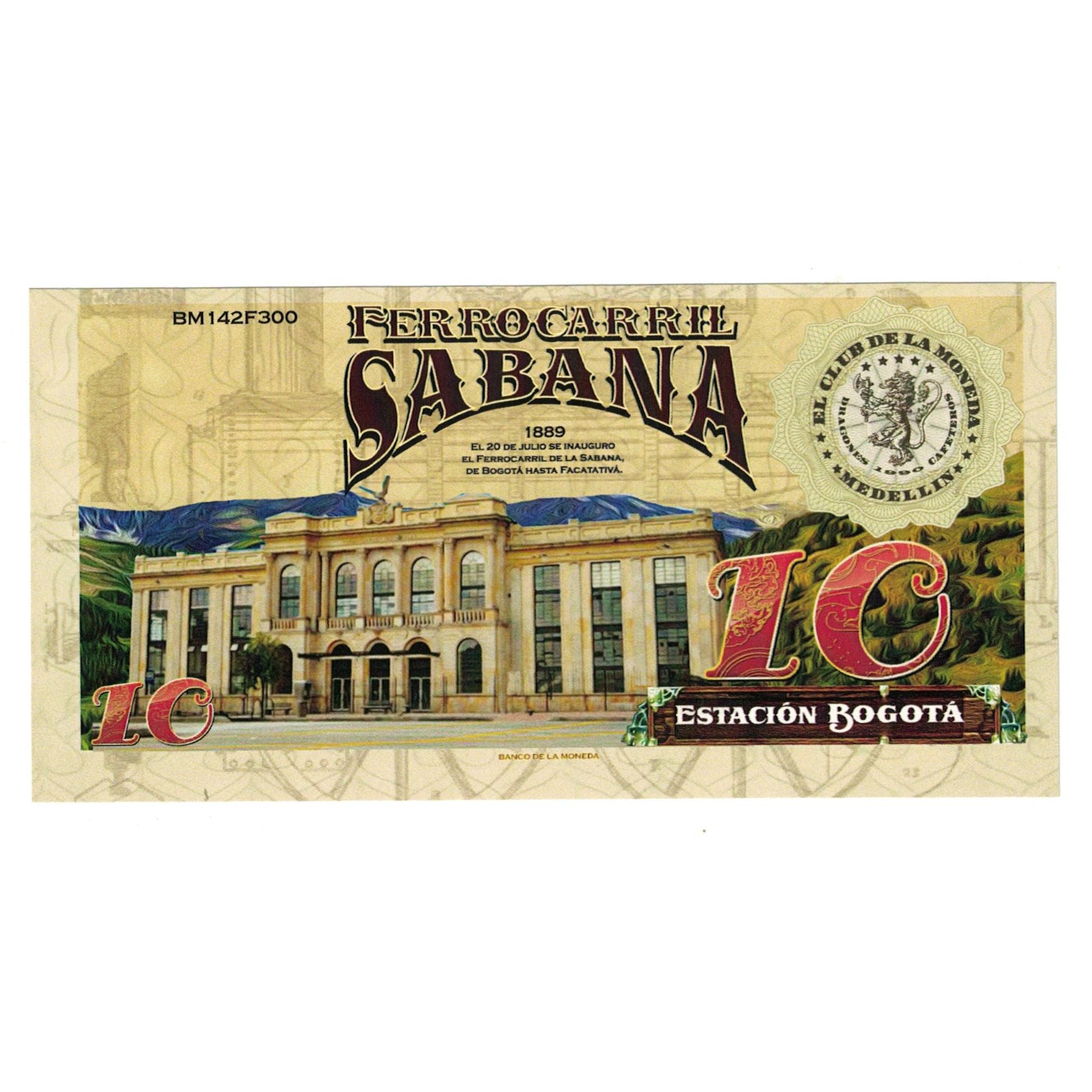 Biljet, Colombia, Tourist Banknote, 10 CAFETEROS THE COFFE RAILROAD COMPANY