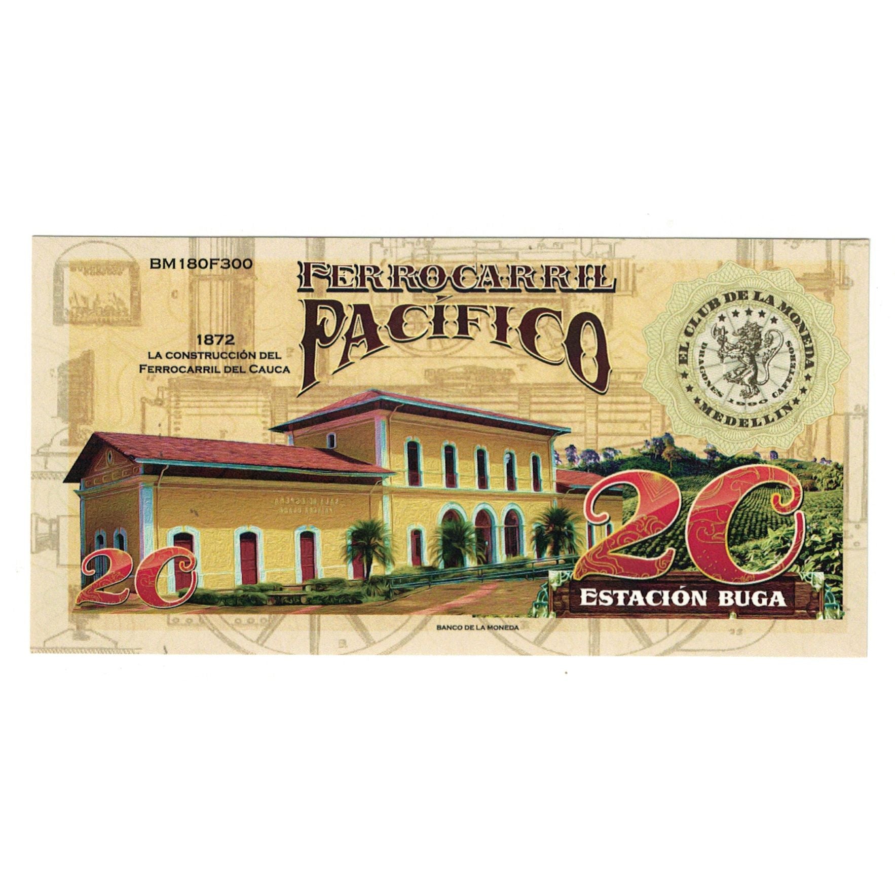Biljet, Colombia, Tourist Banknote, 20 CAFETEROS THE COFFE RAILROAD COMPANY
