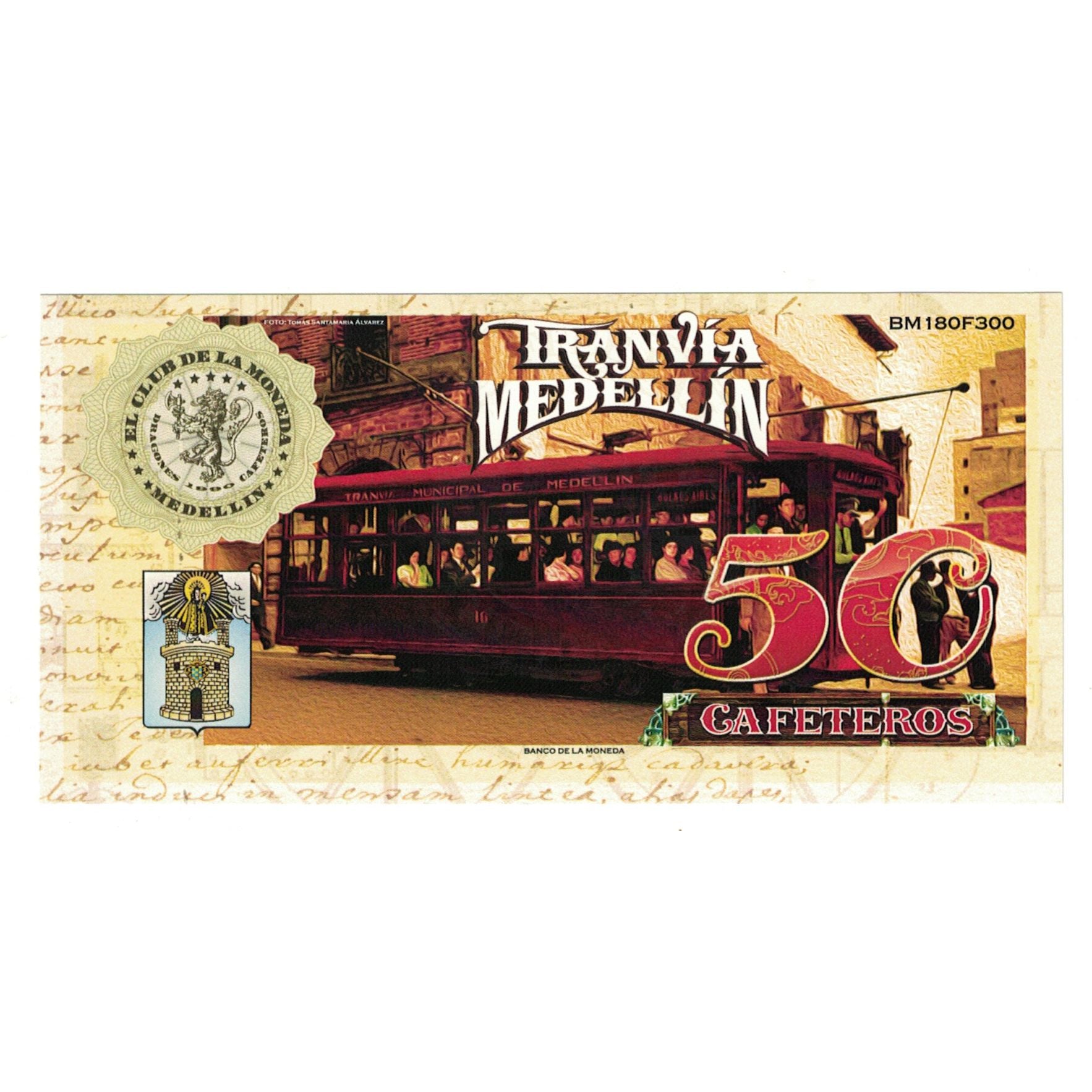 Biljet, Colombia, Tourist Banknote, 50 CAFETERIOS EL CLUB DE LA MONEDA MEDELLIN