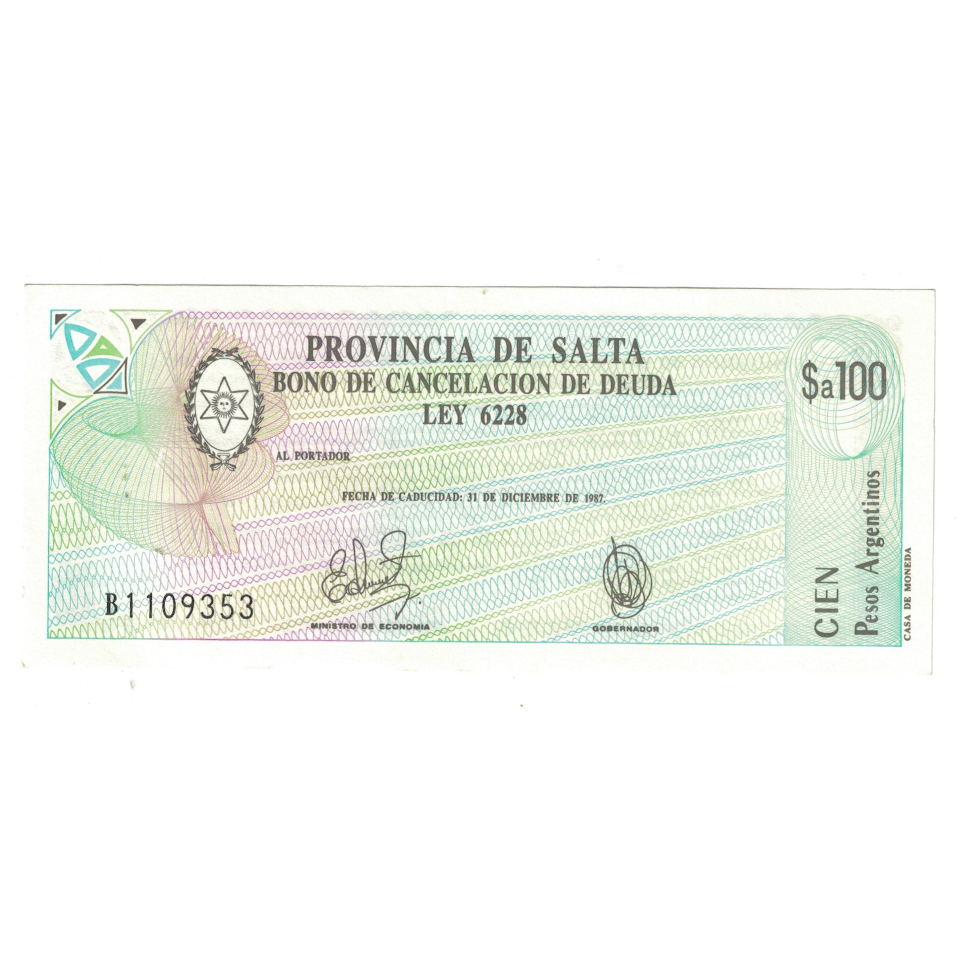 Billet, Argentine, 100 Australes, 1987, 1987-12-31, PROVINCIA DE SALTA
