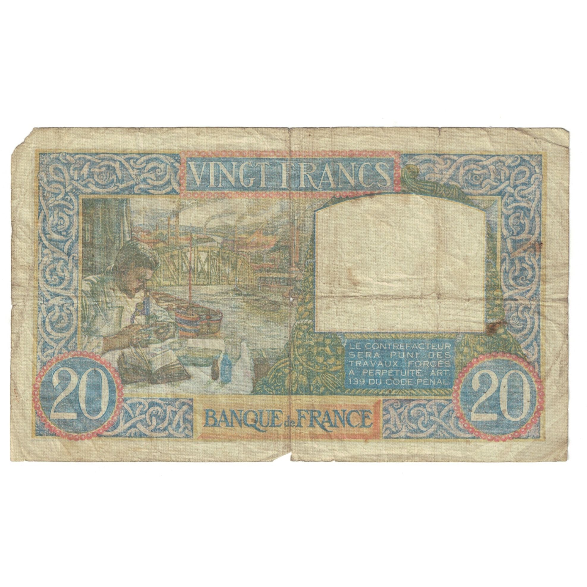 France, 20 Francs, Science et Travail, 1940, N.1398660, VG(8-10), Fayette:12.9