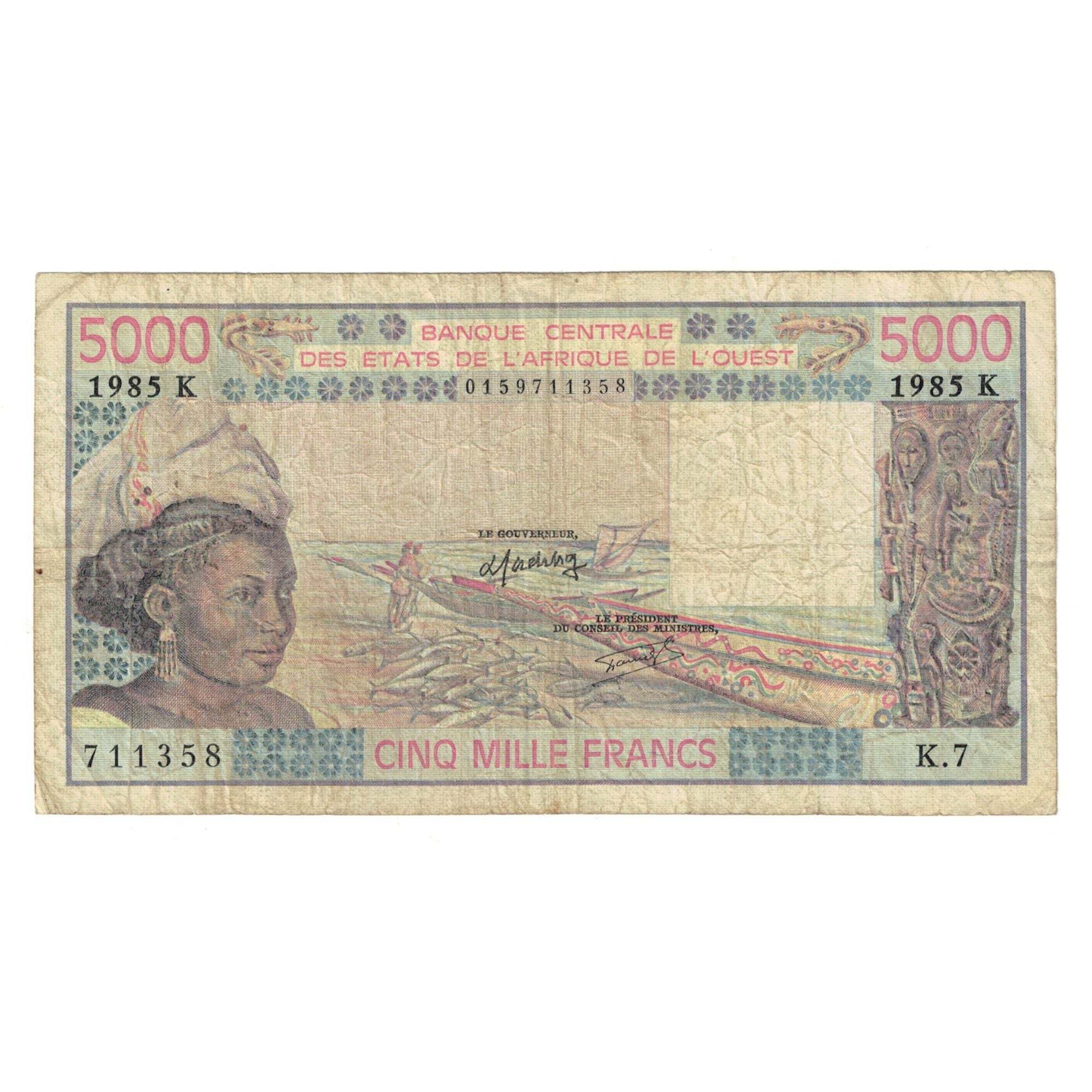 Geldschein, West African States, 5000 Francs, 1985, KM:708Kj, S+