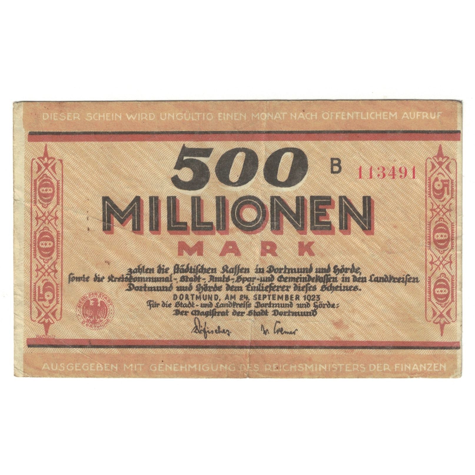 Banconote, Germania, Dortmund, 500 Millionen Mark, château, 1923, 1923-09-24