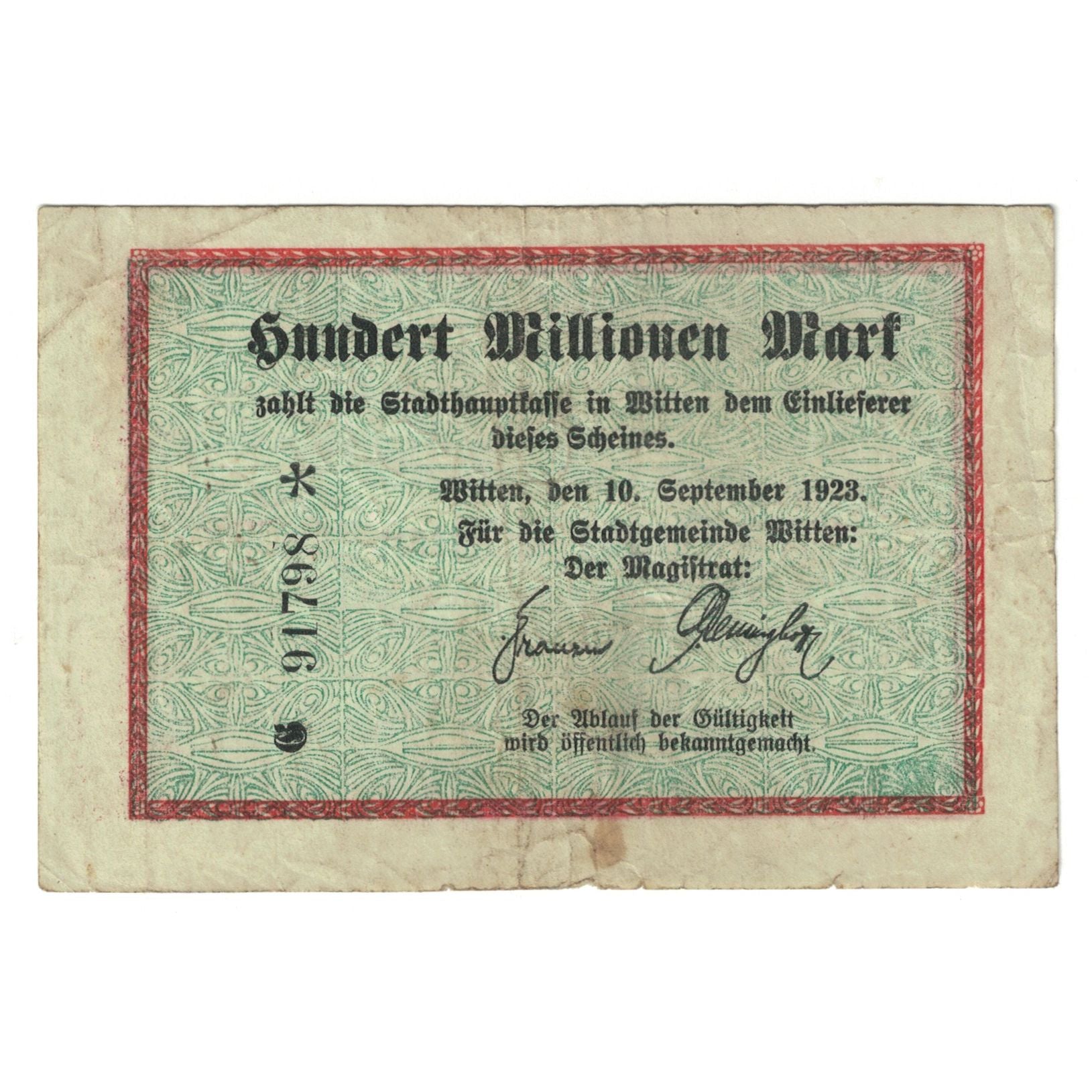 Geldschein, Deutschland, 100 Millionen Mark, Texte, 1923, 1923-09-10, SS