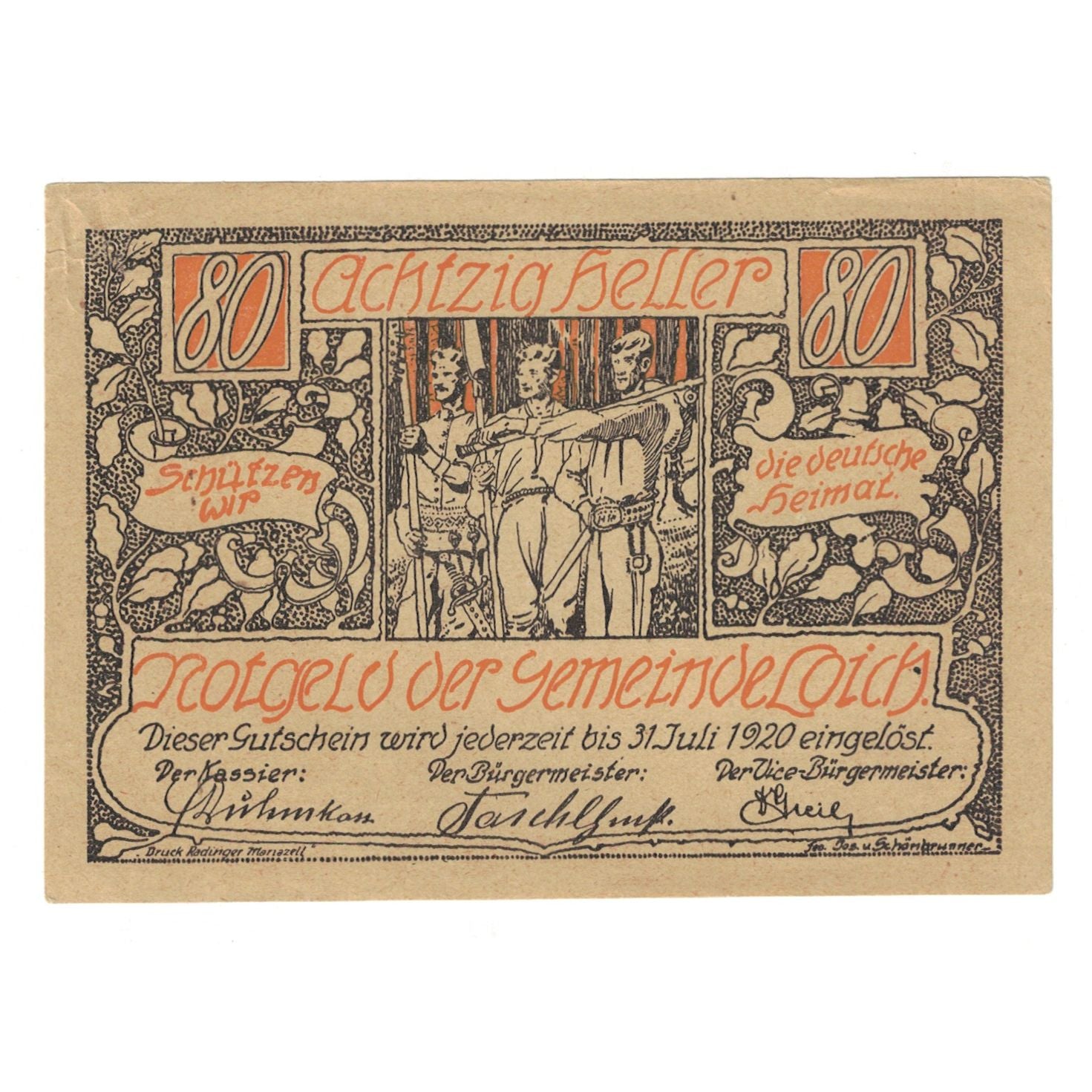 Banknote, Austria, LOICH, 80 Heller, personnage, 1920, 1920-07-31, UNC(63)
