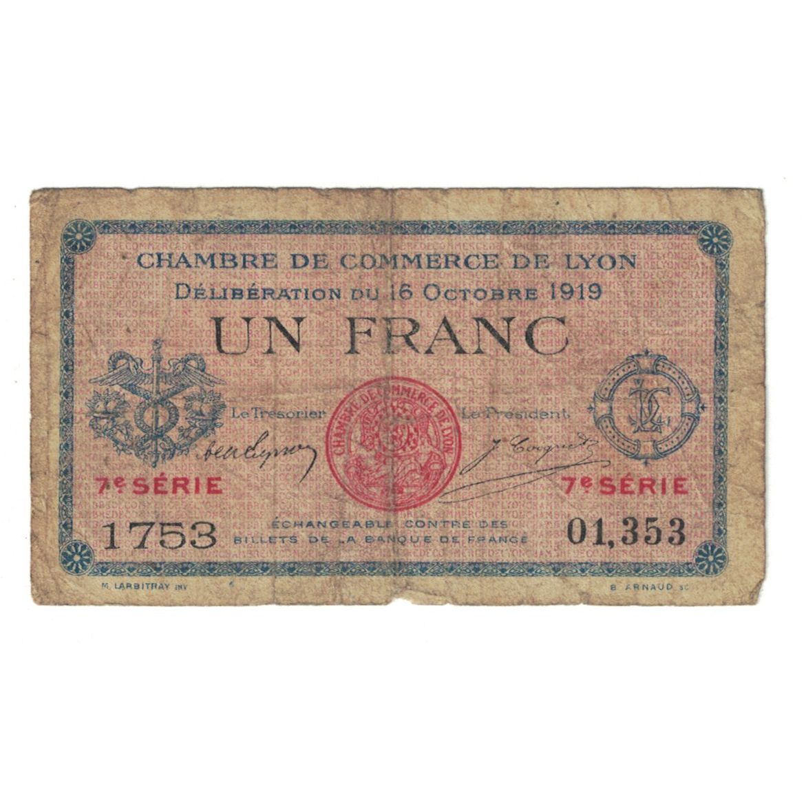 France, Lyon, 1 Franc, 1919, VF(20-25), Pirot:77-19