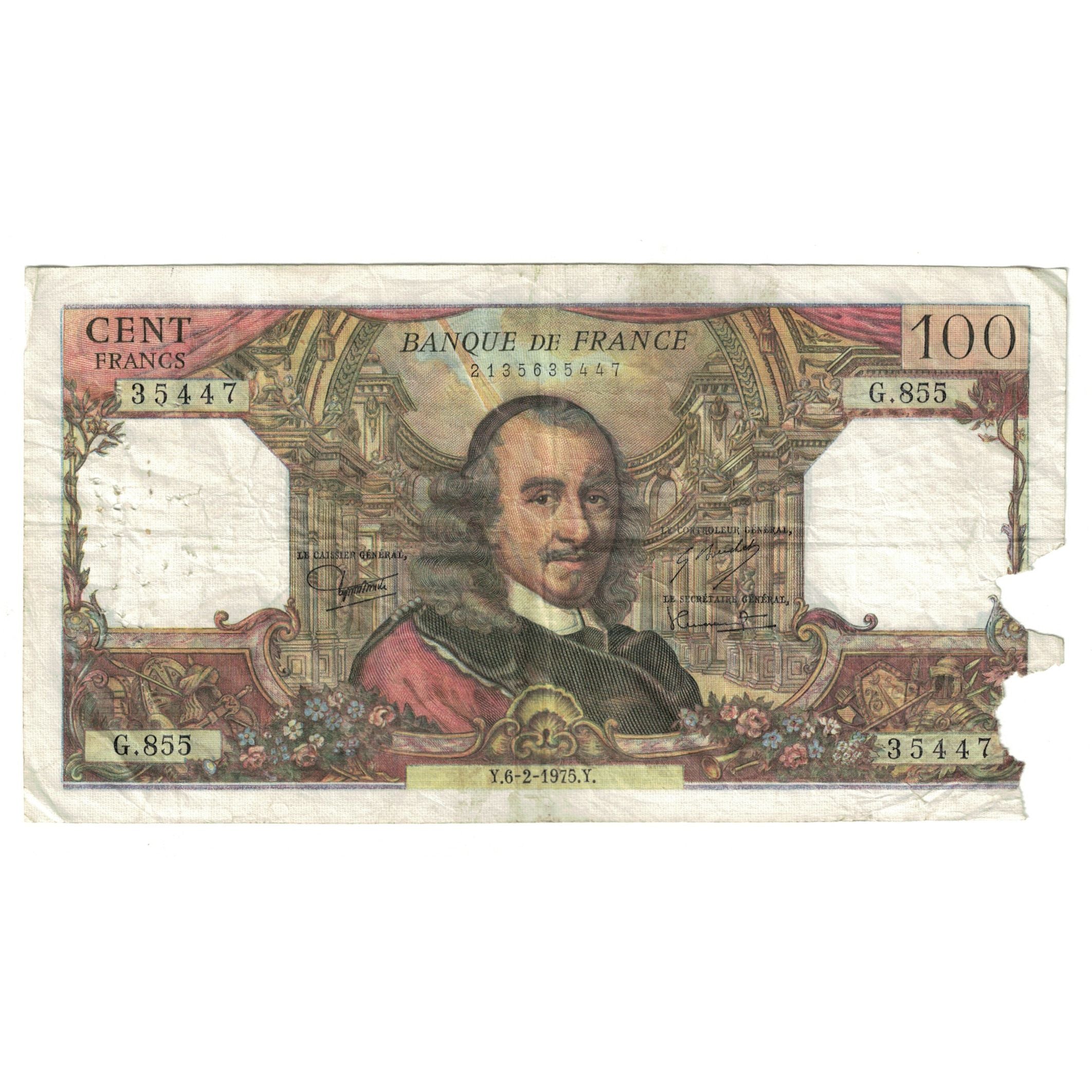 France, 100 Francs, Corneille, 1975, G.355, B+, Fayette:65.48, KM:149c