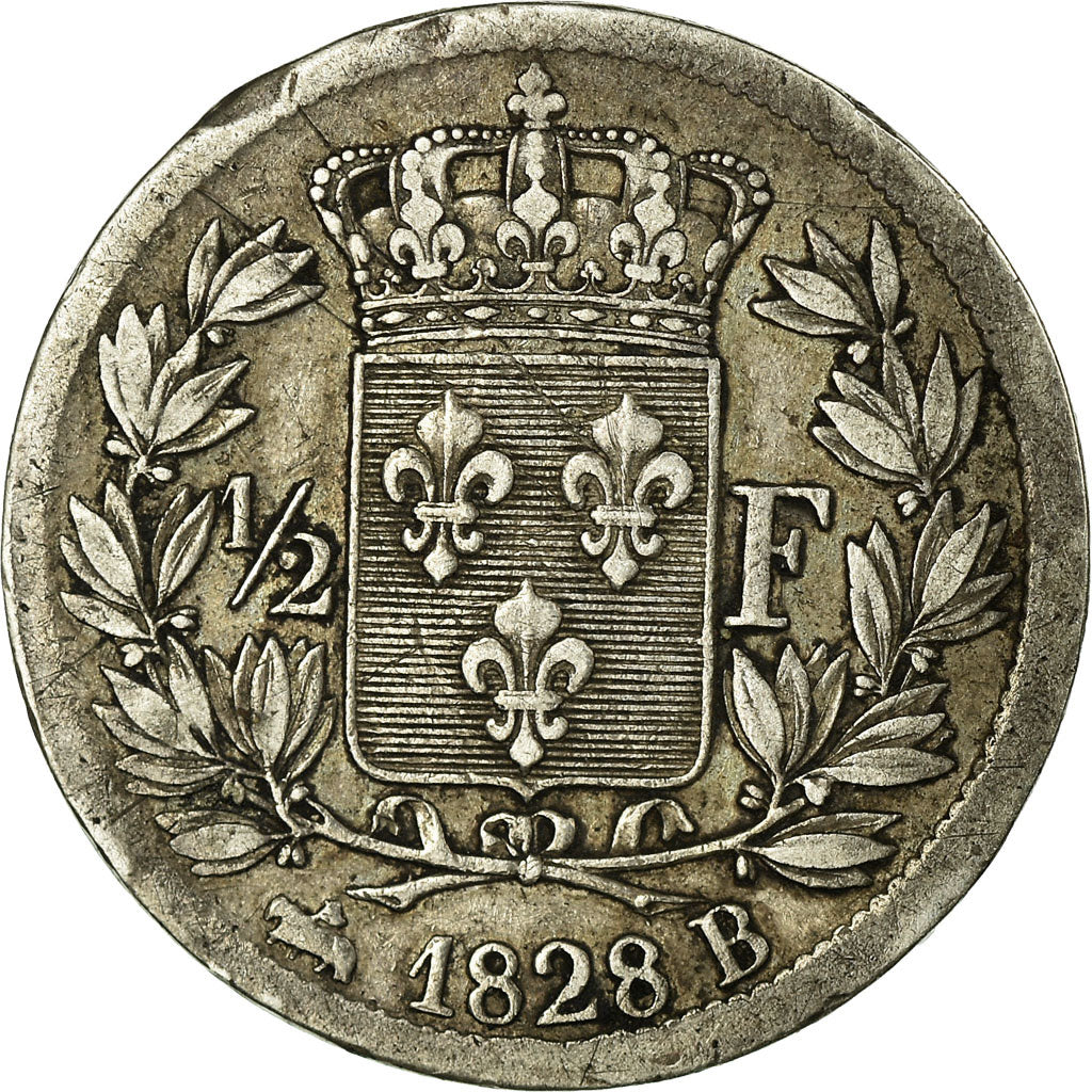 Francia, Charles X, 1/2 Franc, 1828, Rouen, Plata, MBC, Gadoury:402, KM:723.2