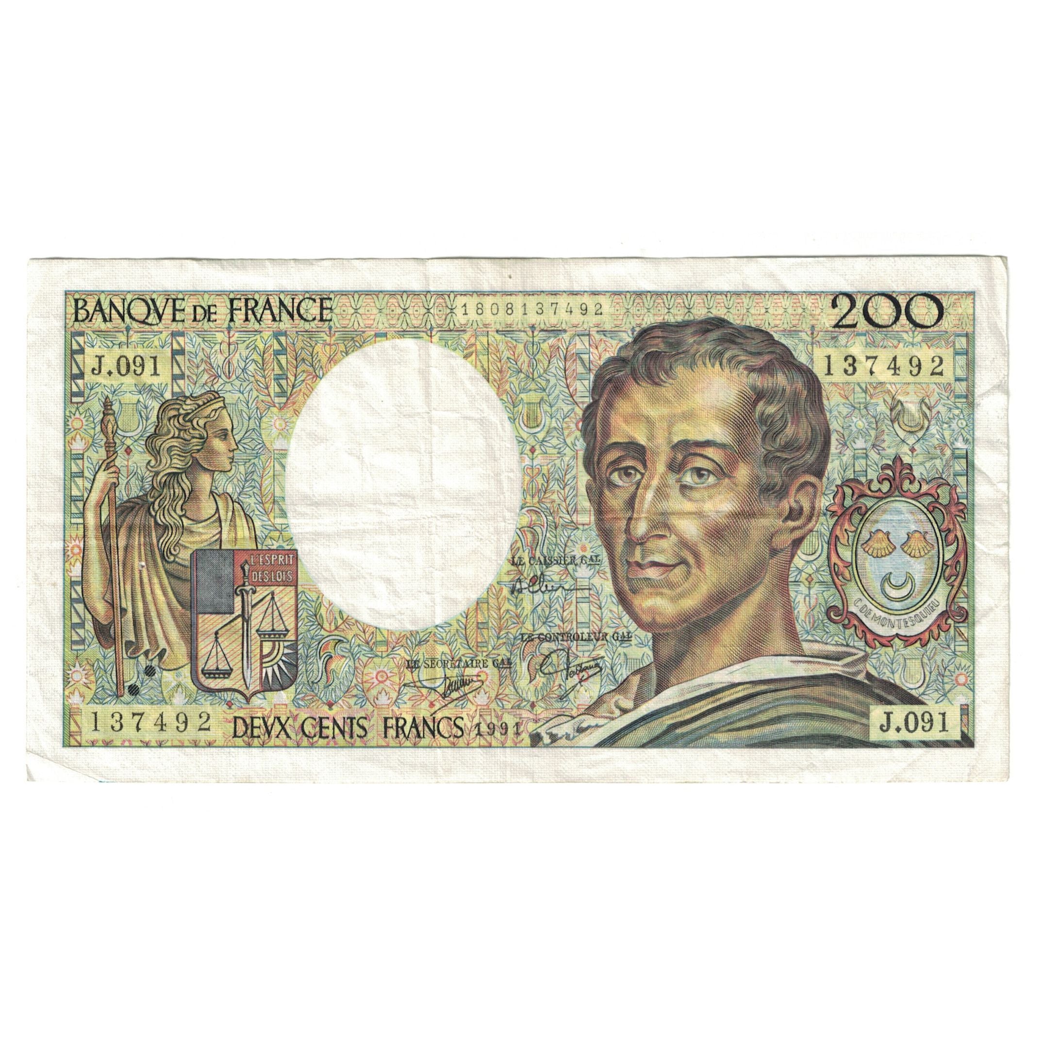 France, 200 Francs, Montesquieu, 1991, J.091137492, TTB, Fayette:70.11, KM:155d