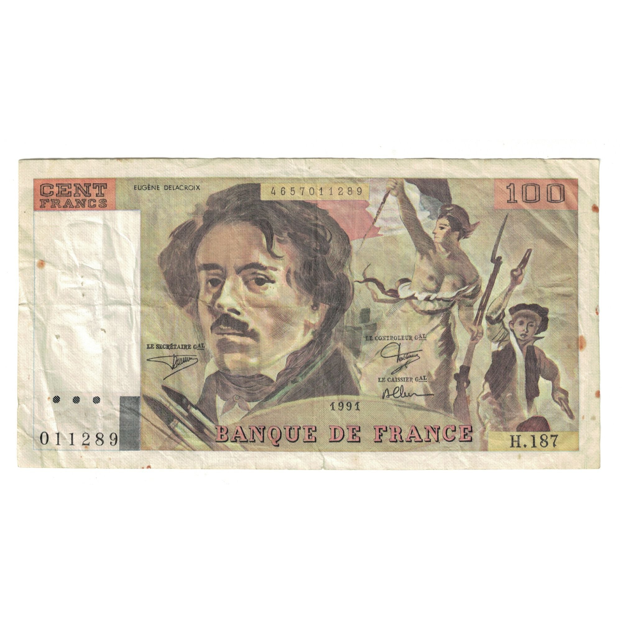 França, 100 Francs, Delacroix, 1991, H.187011289, VF(20-25), Fayette:69bis.3b2