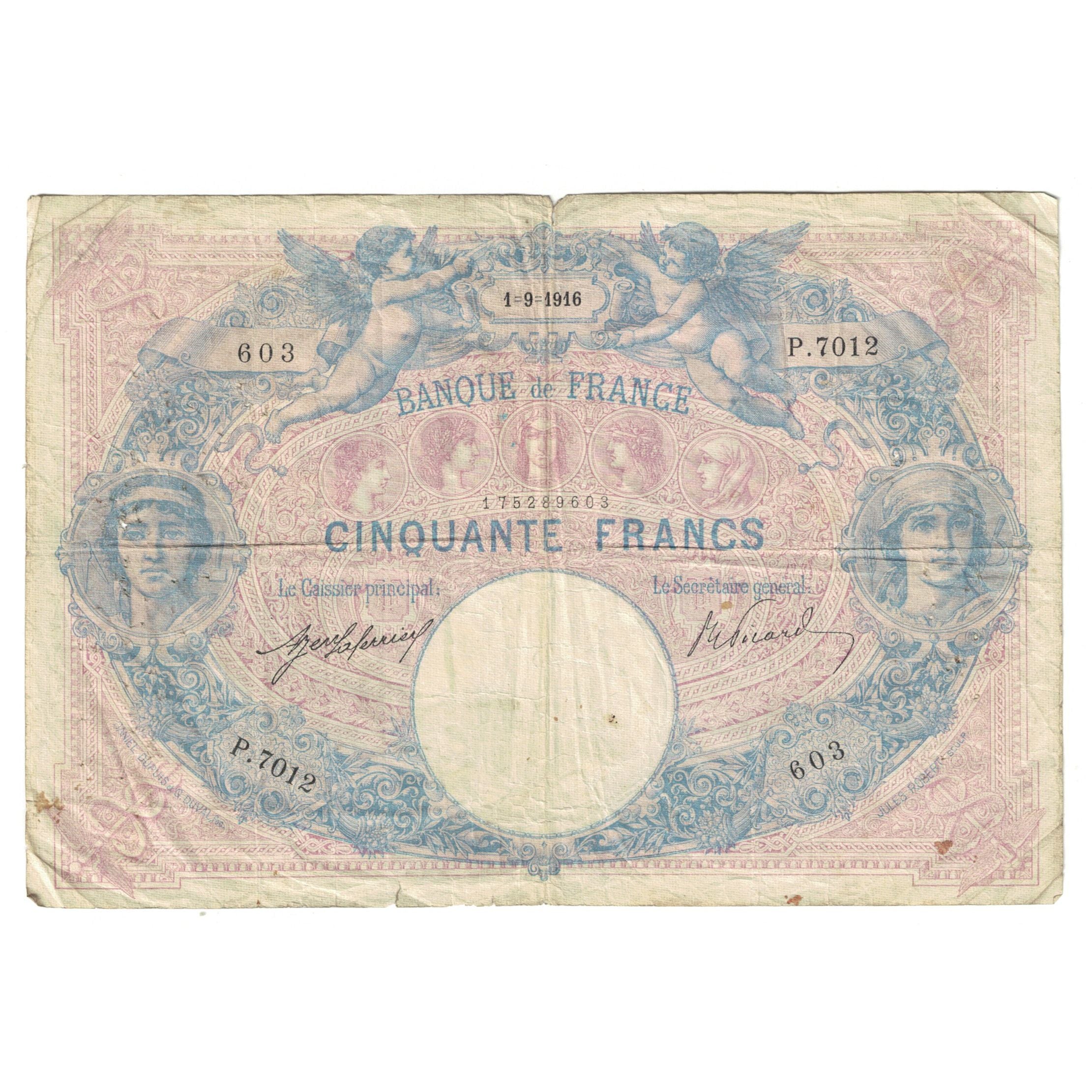France, 50 Francs, Bleu et Rose, 1916, P.7012 603, TB+, Fayette:14.29, KM:64e